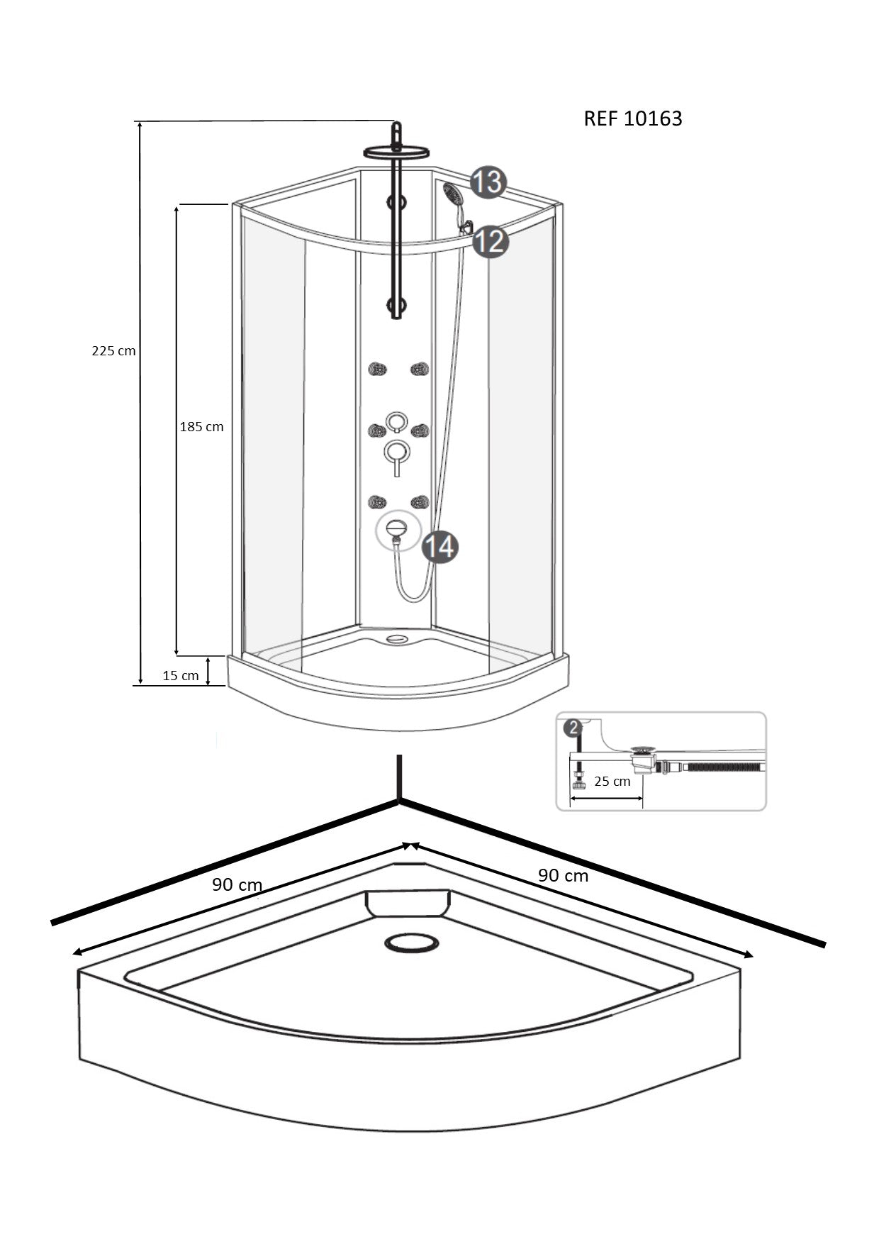 Maattekening Jupiter complete douchecabine 90x90x225 alu mat 5mm glas