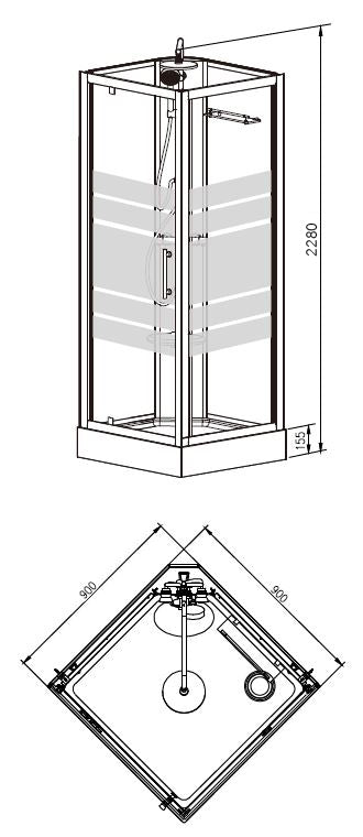 Maattekening Thermo complete douchecabine 90x90x228 alu 5mm glas