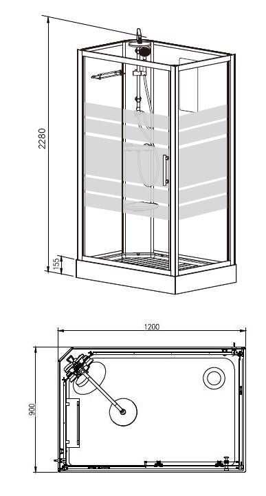 Maattekening Thermo links complete douchecabine 120x90x218 alu 5mm glas
