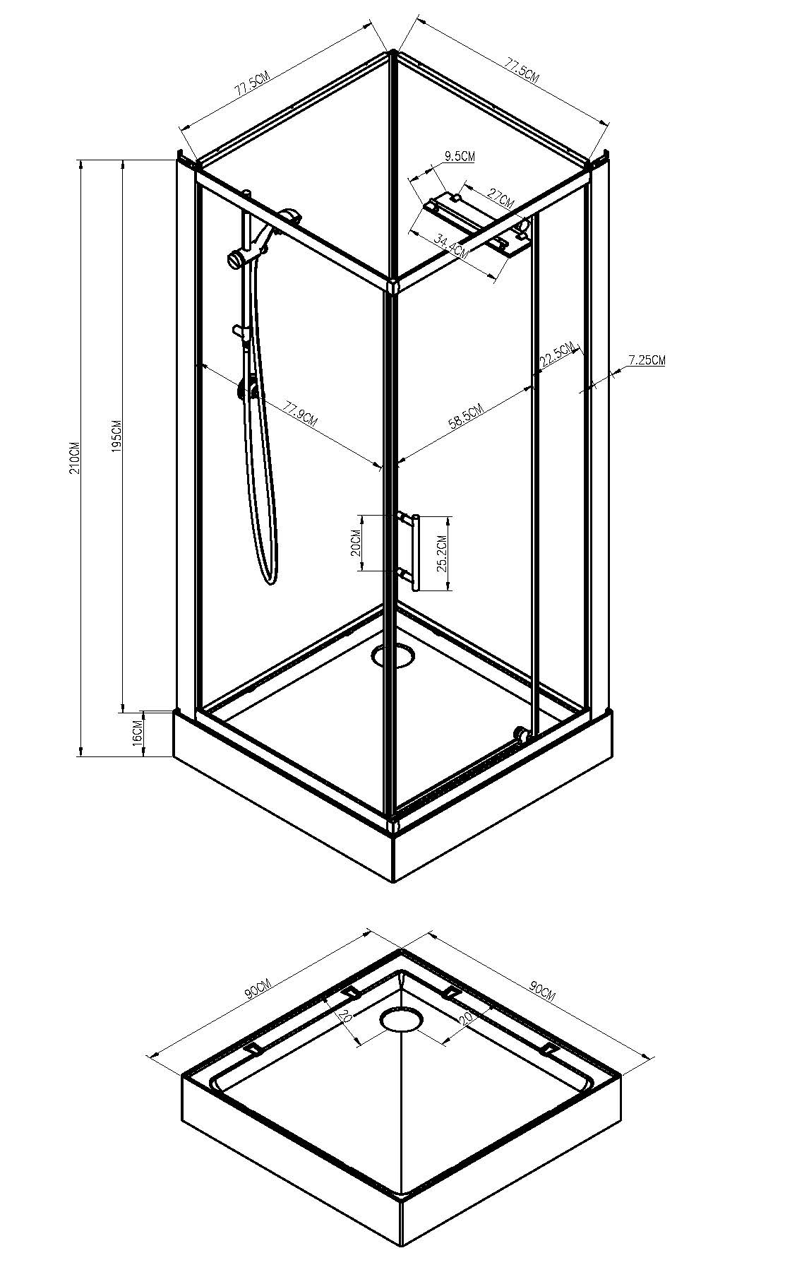 Maattekening Domino complete douchecabine 90x90x210 alu mat 5mm glas