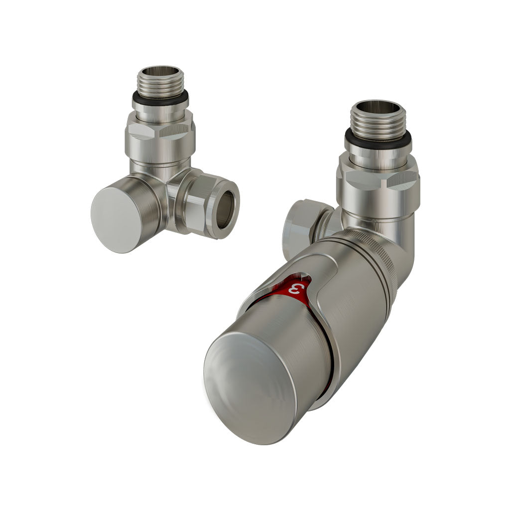 Eastbrook Valve Radiator Aansluitset Haaks Gedraaid Met Thermostaat 15mm Geborsteld Nikkel