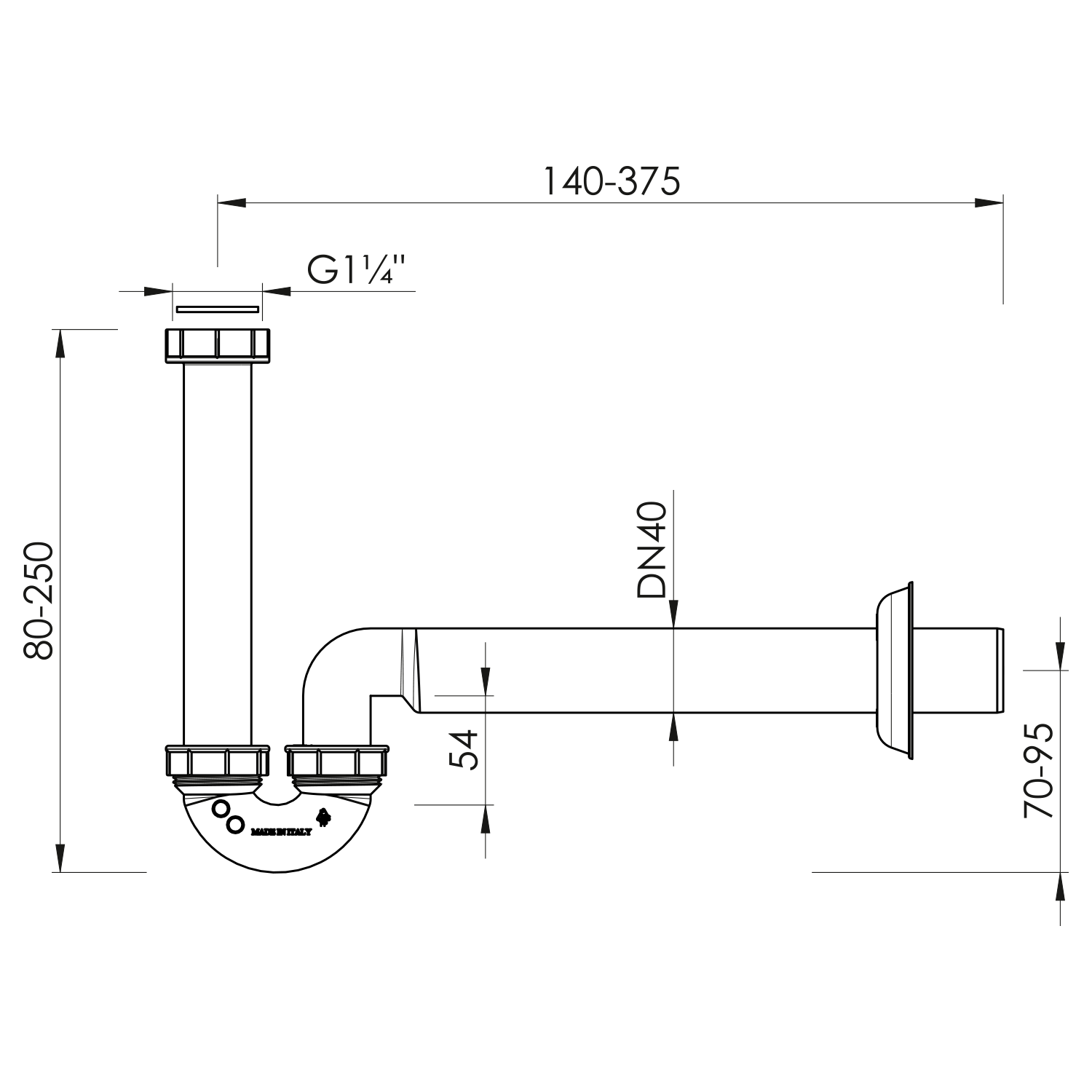 Bruckner Wastafelsifon 5/4 DN40 Wit technische tekening
