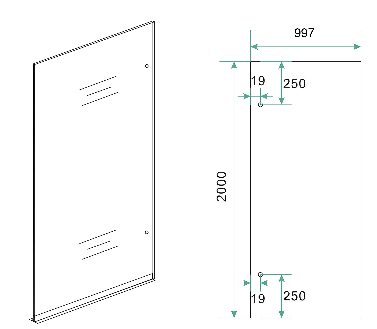 Maattekening Wiesbaden Less inloopdouche rechts 1000 x 2000 x 8 mm nano spiegelrook- naar helder glas/chroom