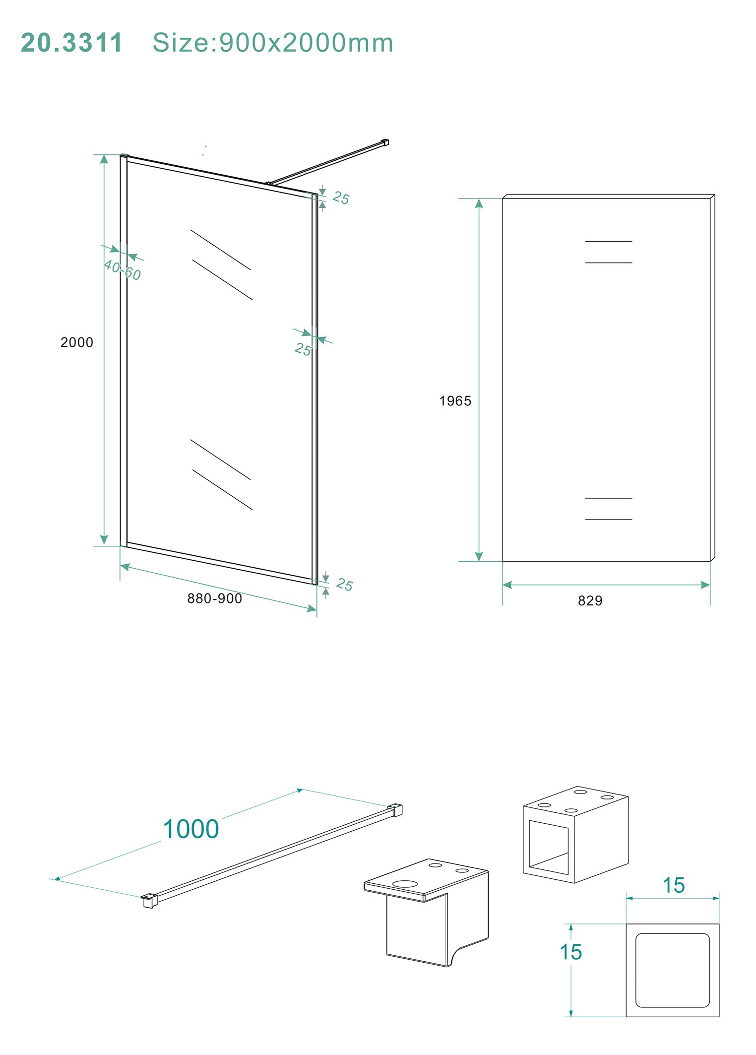 Maattekening Wiesbaden Square inloopdouche 900 x 2000 x 8 mm nano helder glas/mat zwart
