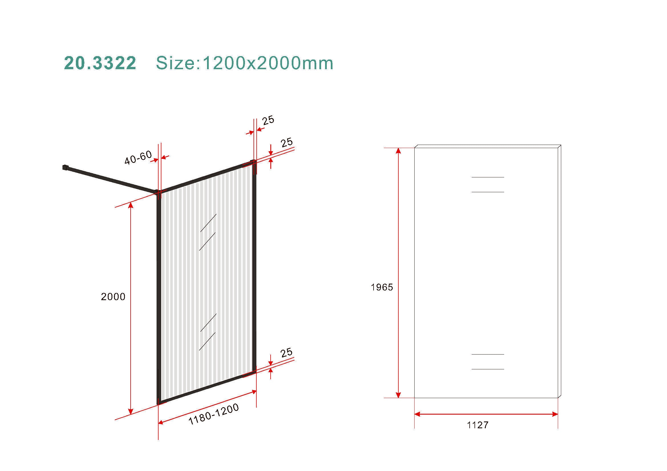 Maattekening Wiesbaden Square inloopdouche 1200 x 2000 x 8 mm nano geribbeld helder glas/mat zwart