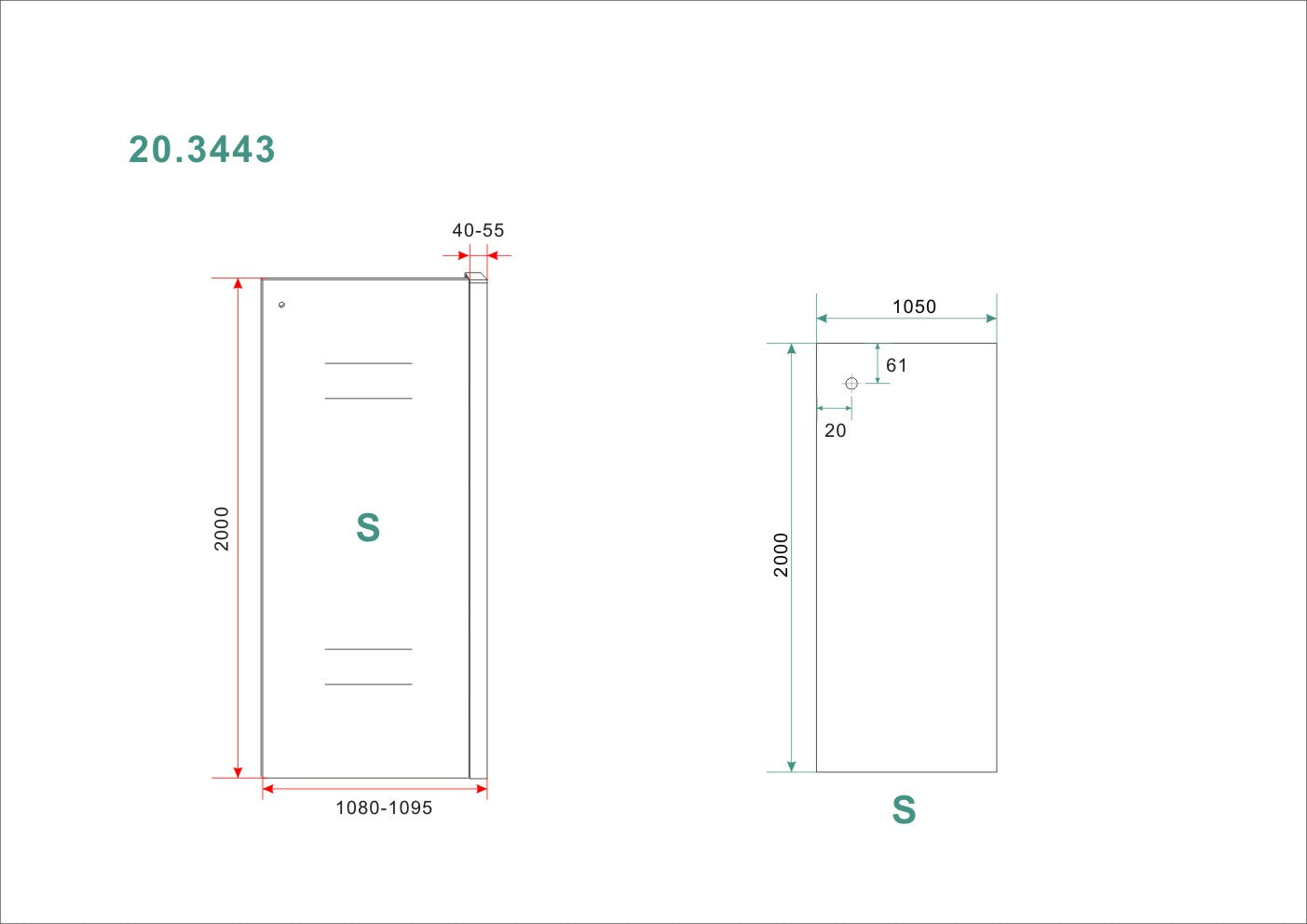 Maattekening Wiesbaden Side zijwand voor Puerta en Slide nisdeur 1100 x 2000 x 8 mm nano helder glas/chroom