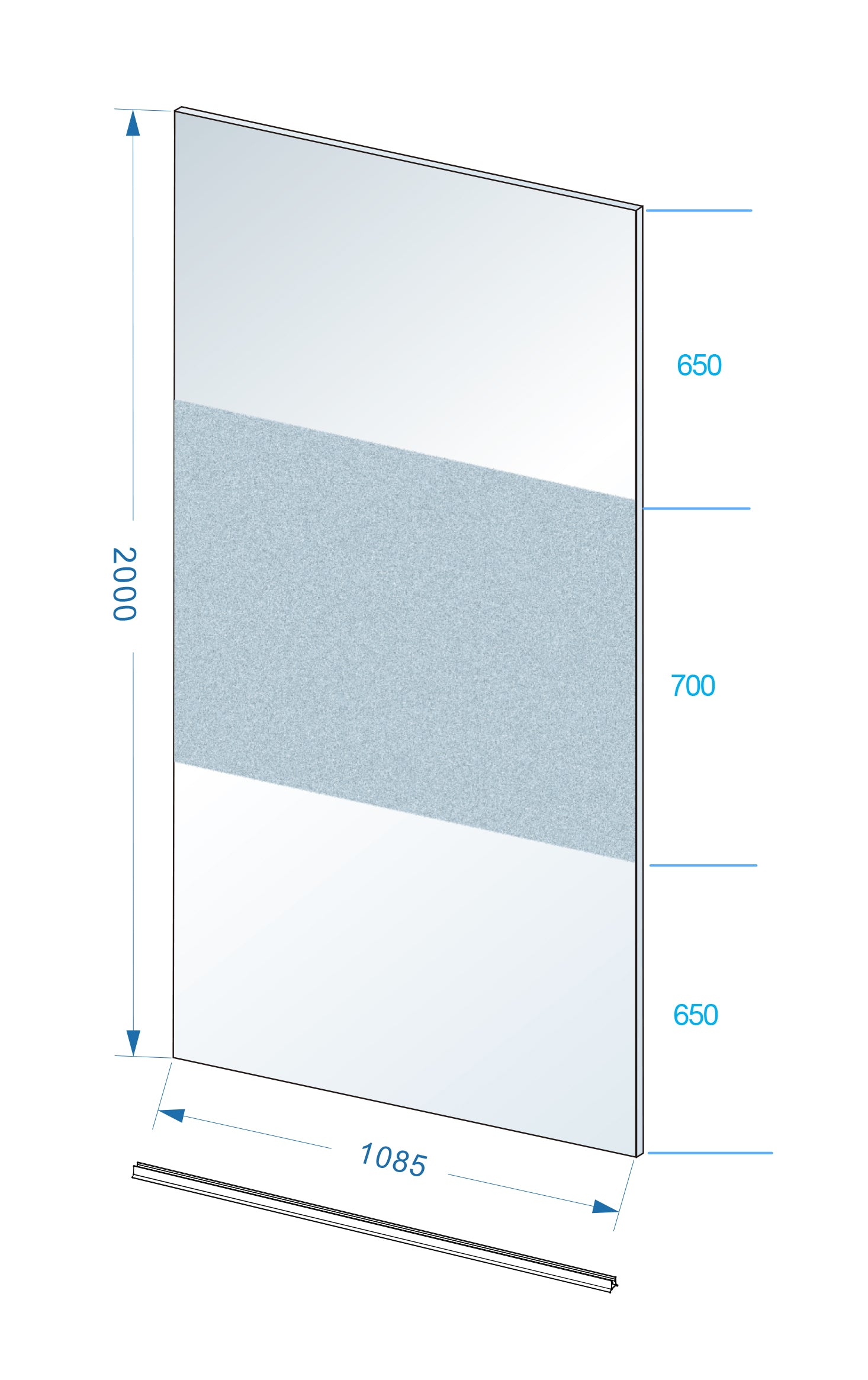 Maattekening Wiesbaden Slim glasplaat 1100 x 2000 x 8 mm nano helder glas met melkglas middenband
