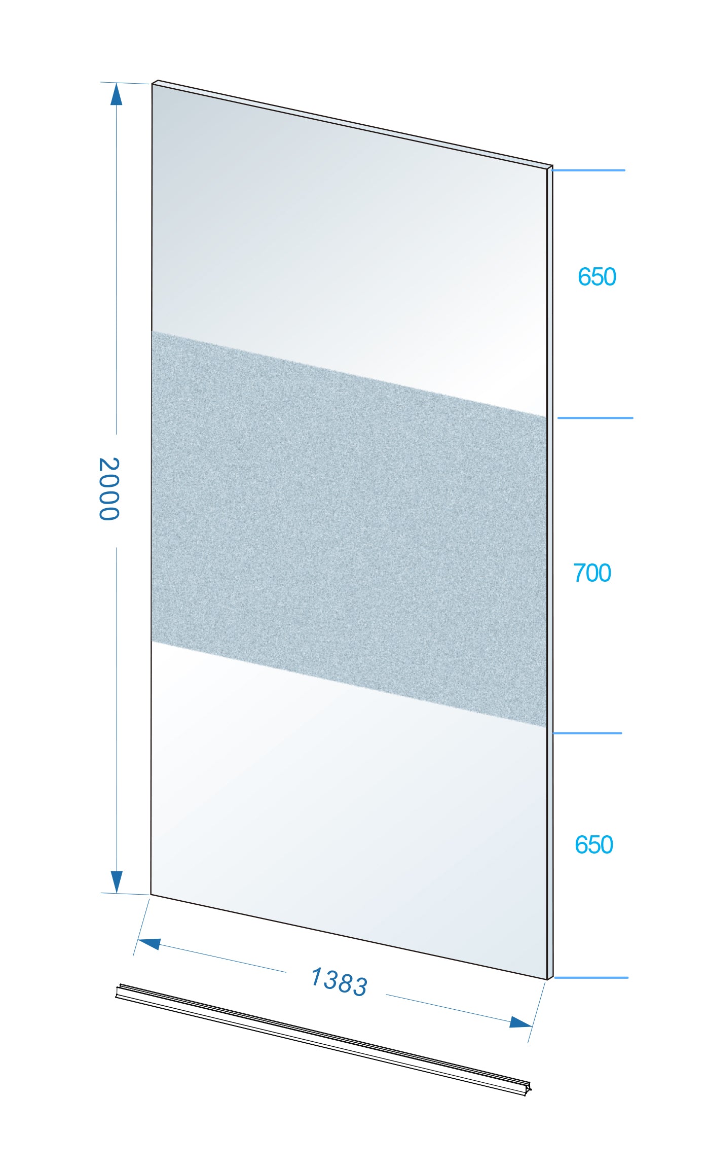 Maattekening Wiesbaden Slim glasplaat 1400 x 2000 x 8 mm nano helder glas met melkglas middenband