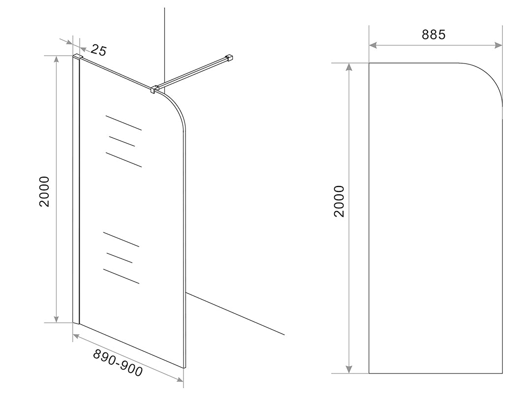 Maattekening Wiesbaden Curvea inloopdouche 900 x 2000 x 8 mm nano helder glas