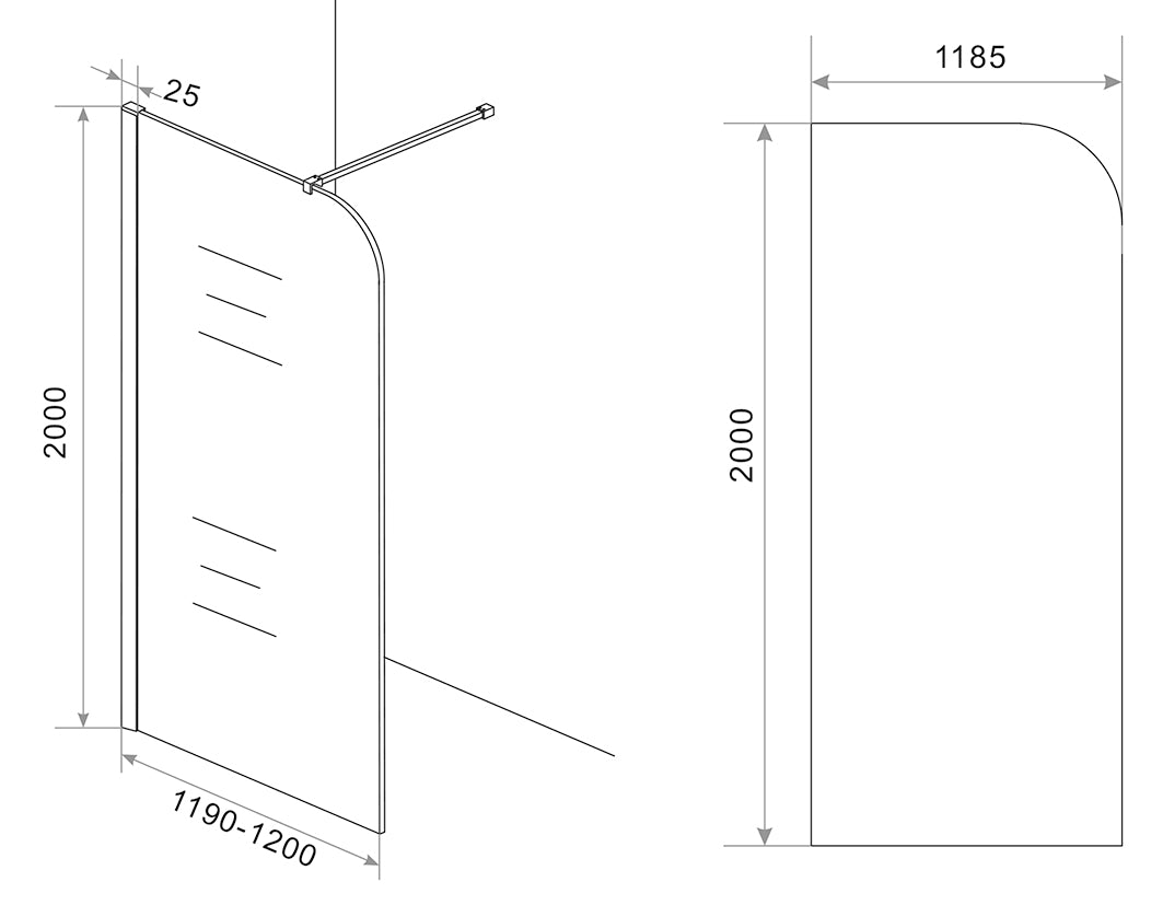 Maattekening Wiesbaden Curvea inloopdouche 1200 x 2000 x 8 mm nano helder glas