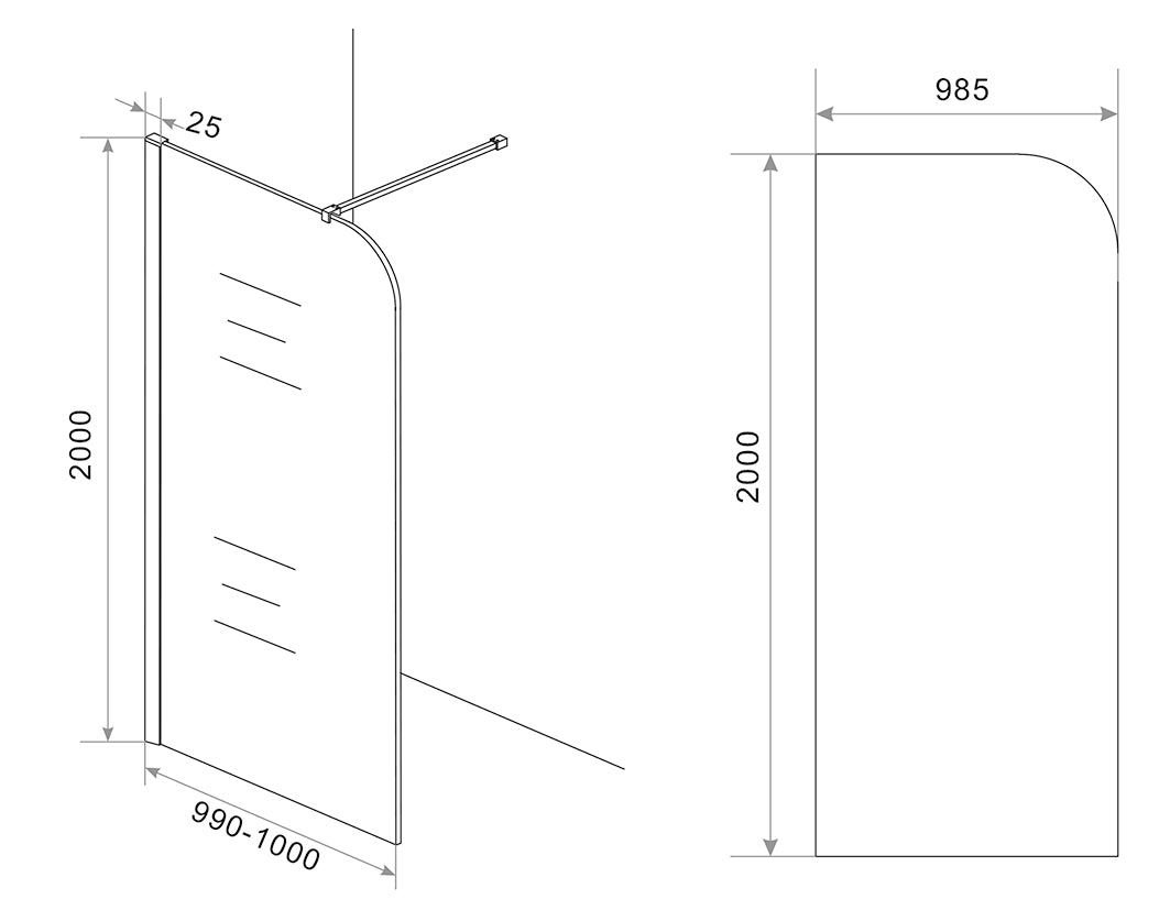 Maattekening Wiesbaden Curvea inloopdouche 1000 x 2000 x 8 mm nano vintage brons glas