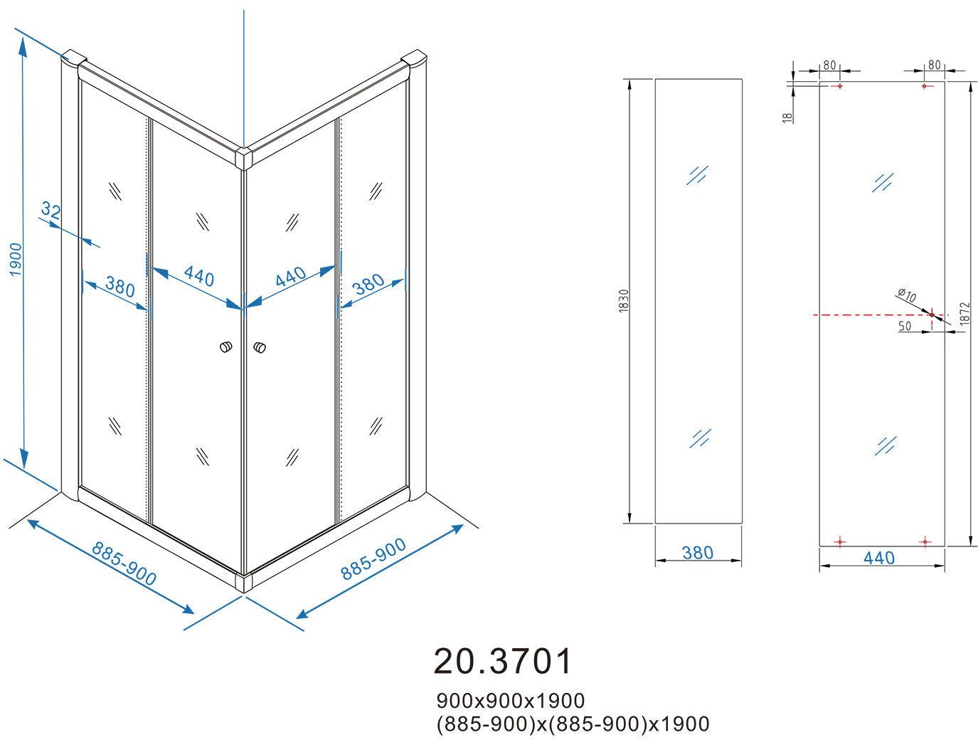 Maattekening Eco hoekinstap cabine met 2 schuifdeuren 900 x 900 x 1900 x 5 mm nano helder glas/chroom