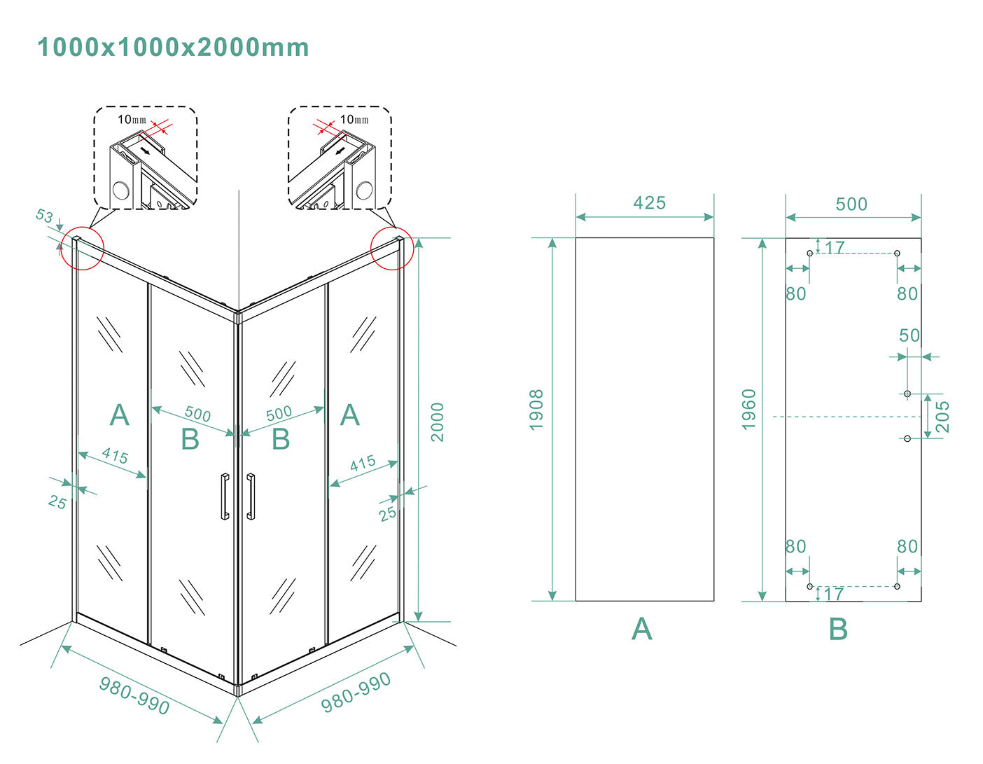Maattekening Wiesbaden Skyline hoekinstap cabine met 2 schuifdeuren 1000 x 1000 x 2000 x 8 mm nano helder glas/mat zwart