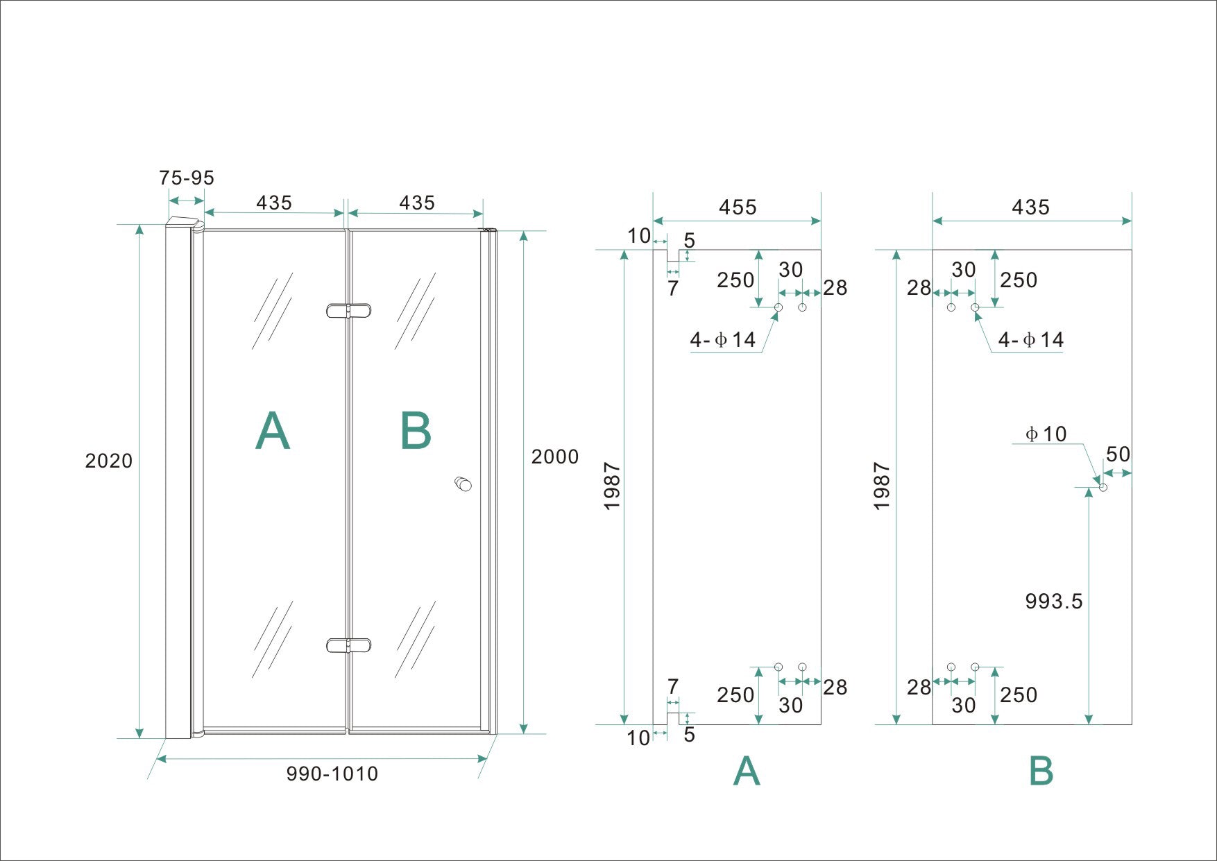 Maattekening Wiesbaden Maki nisdeur vouwbaar links 1000 x 2000 x 8 mm nano helder glas/chroom