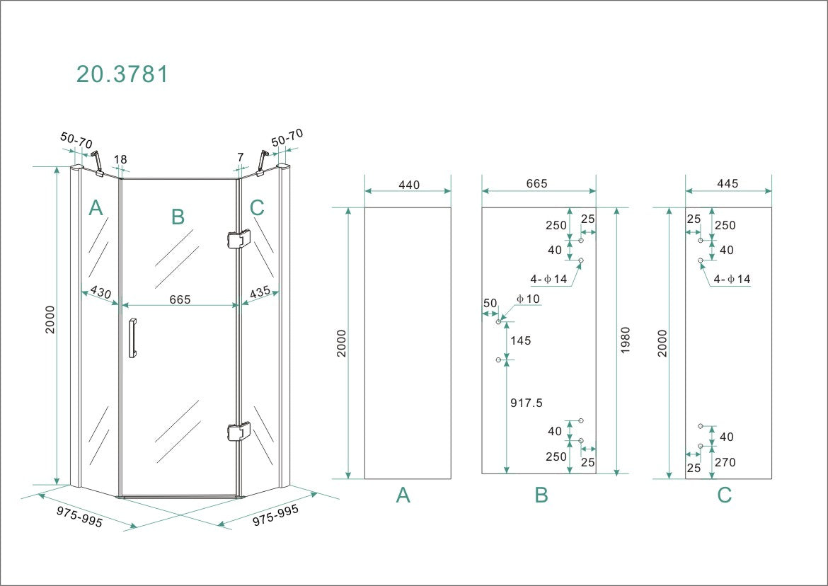 Maattekening Wiesbaden Pento cabine met 1 draaideur 1000 x 1000 x 2000 x 8 mm nano helder glas/chroom