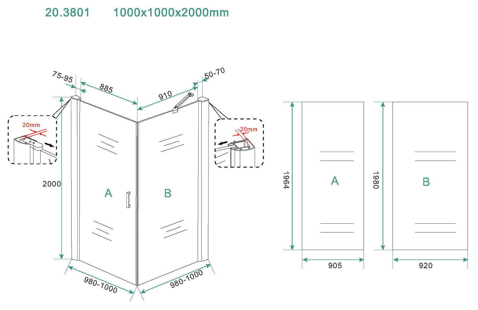 Maattekening Wiesbaden Salone cabine met 1 draaideur 1000 x 1000 x 2000 x 8 mm nano helder glas/mat zwart