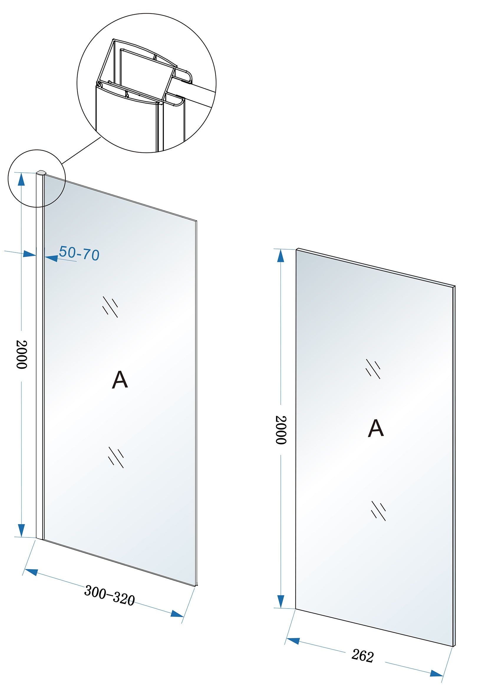 Maattekening Wiesbaden Comfort zijwand met muurprofiel 300 x 2000 x 10 mm nano helder glas/chroom
