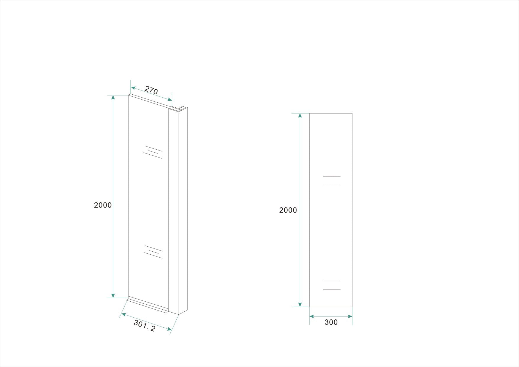 Maattekening Wiesbaden Comfort zijwand met hoekprofiel 300 x 2000 x 10 mm nano helder glas/chroom