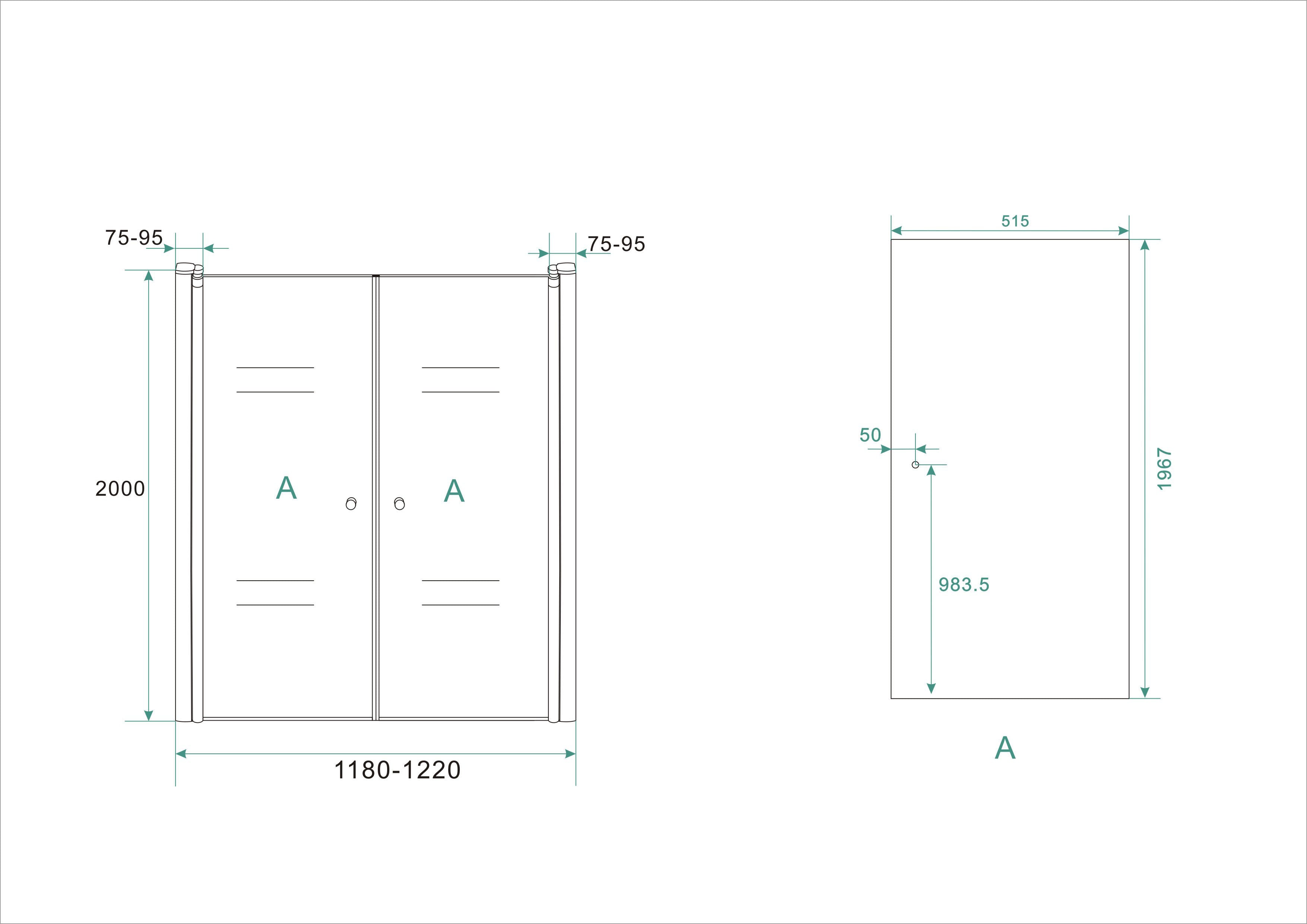 Maattekening Wiesbaden Lagos pendeldeur in nis 1200 x 2000 x 6 mm nano helder glas/chroom