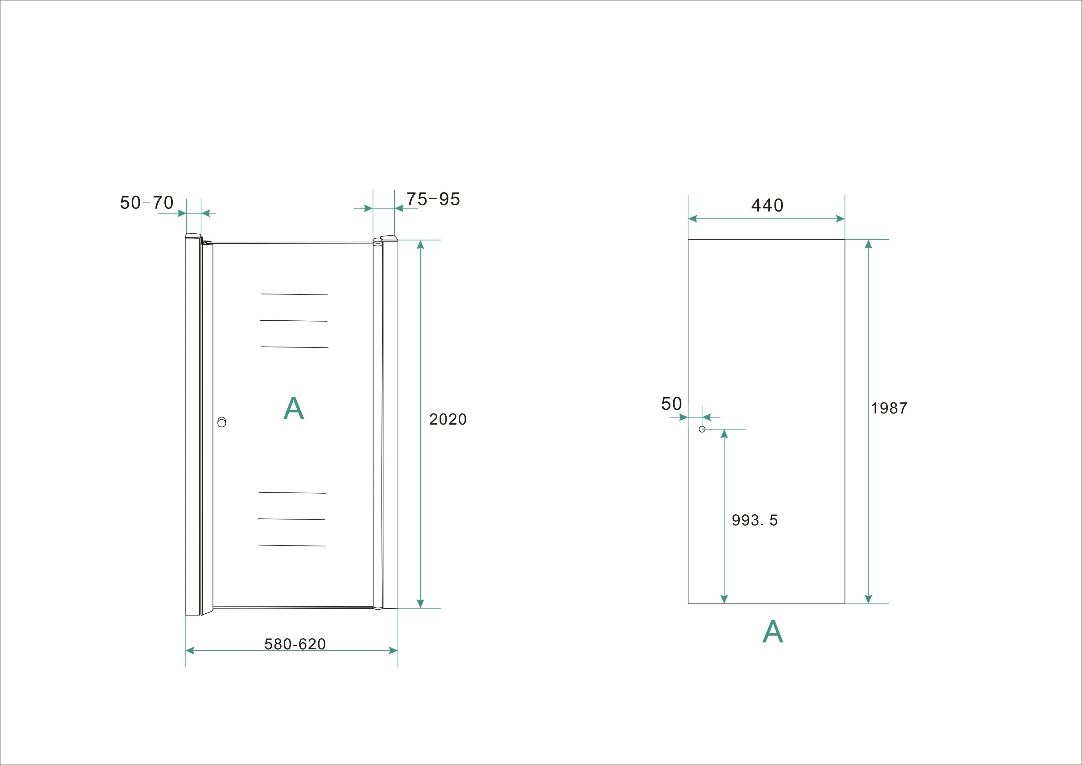 Maattekening Wiesbaden Between nisdeur 600 x 2000 x 8 mm nano helder glas/chroom