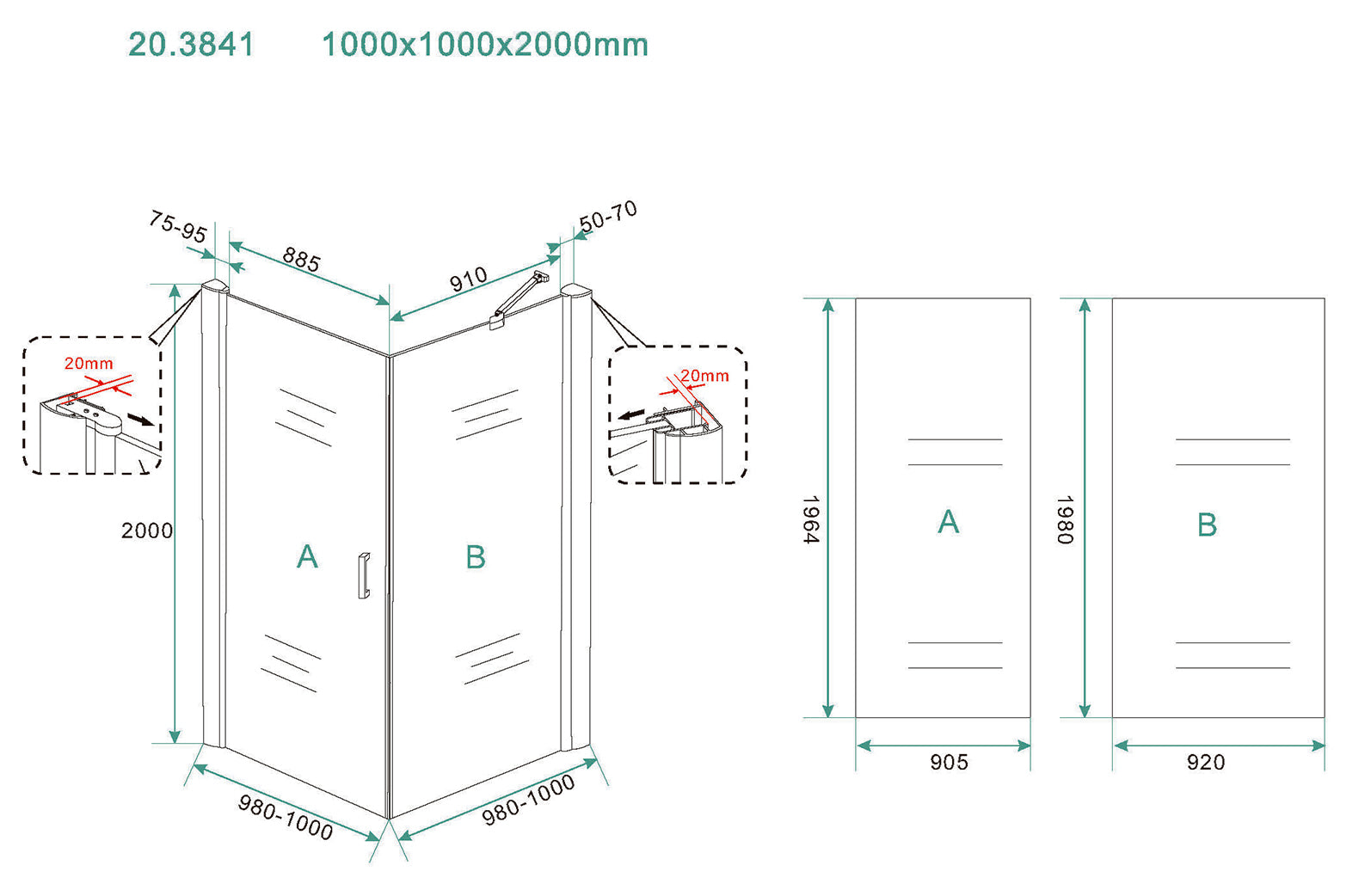 Maattekening Wiesbaden Salone cabine met 1 draaideur 1000 x 1000 x 2000 x 8 mm nano helder glas/chroom