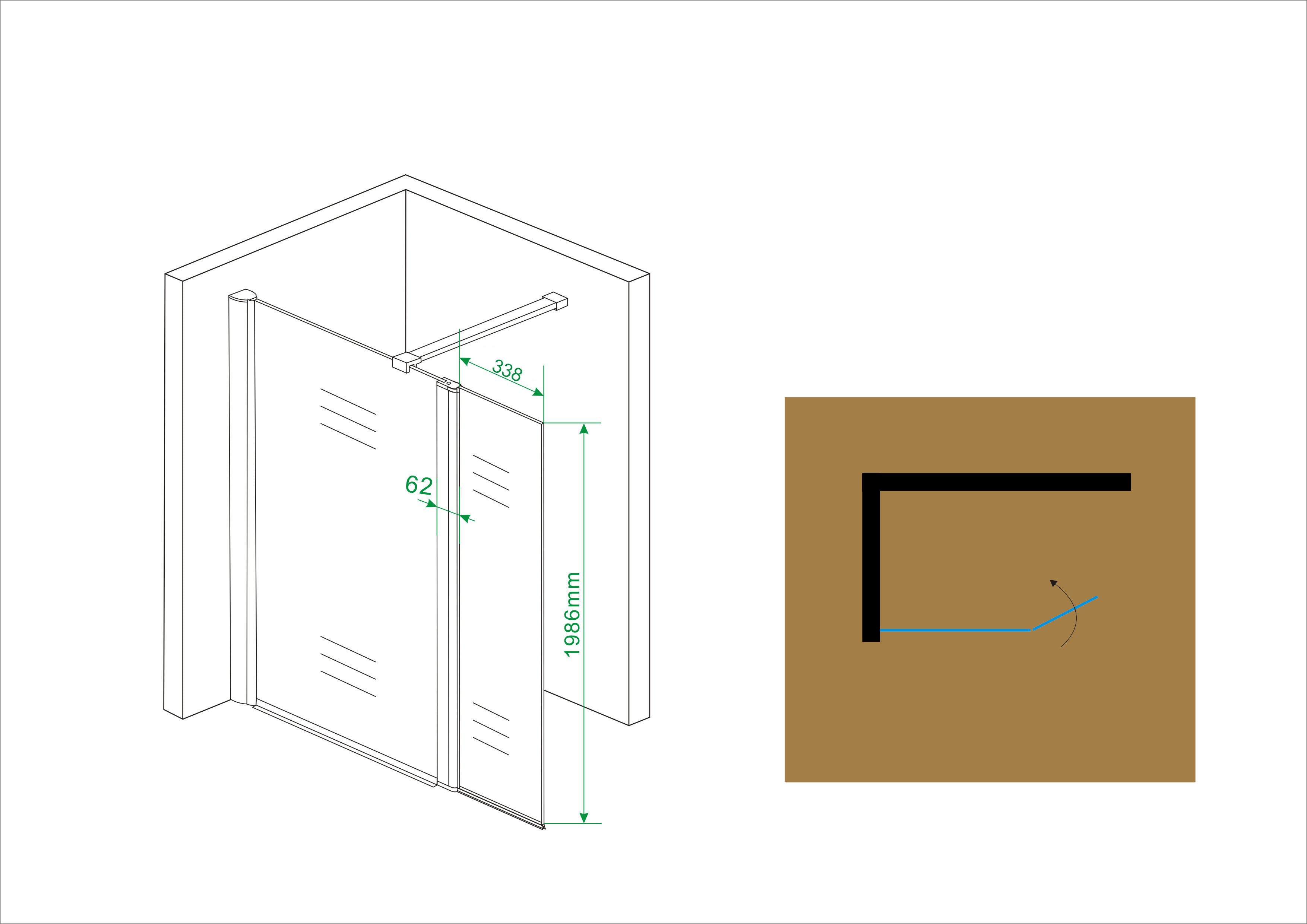 Maattekening Wiesbaden Comfort zijwand draaibaar 400 x 2000 x 10 mm nano helder glas/chroom