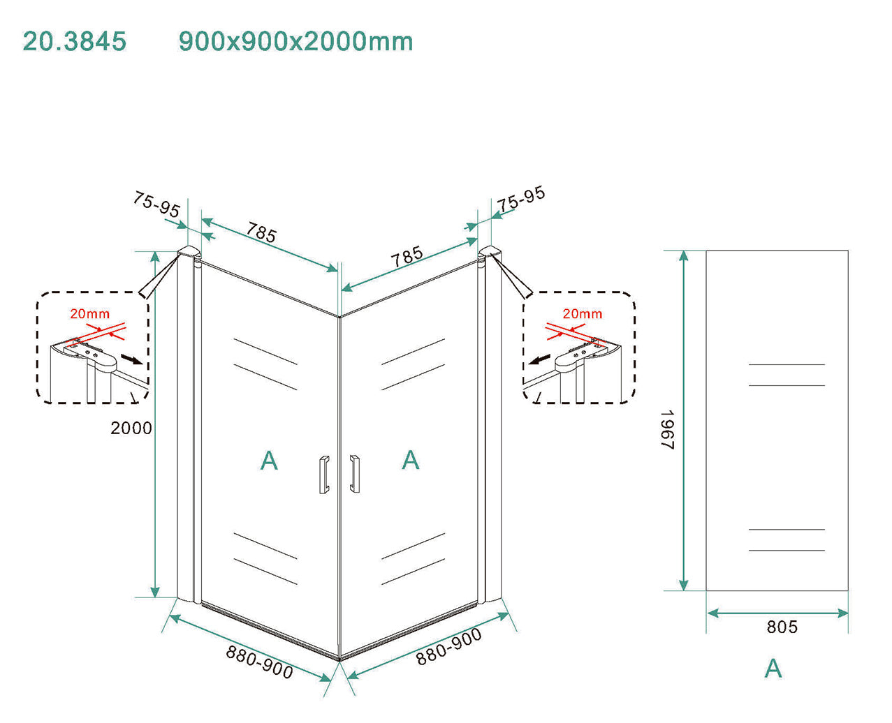 Maattekening Wiesbaden Salone cabine met 2 draaideuren 900 x 900 x 2000 x 8 mm nano helder glas/chroom
