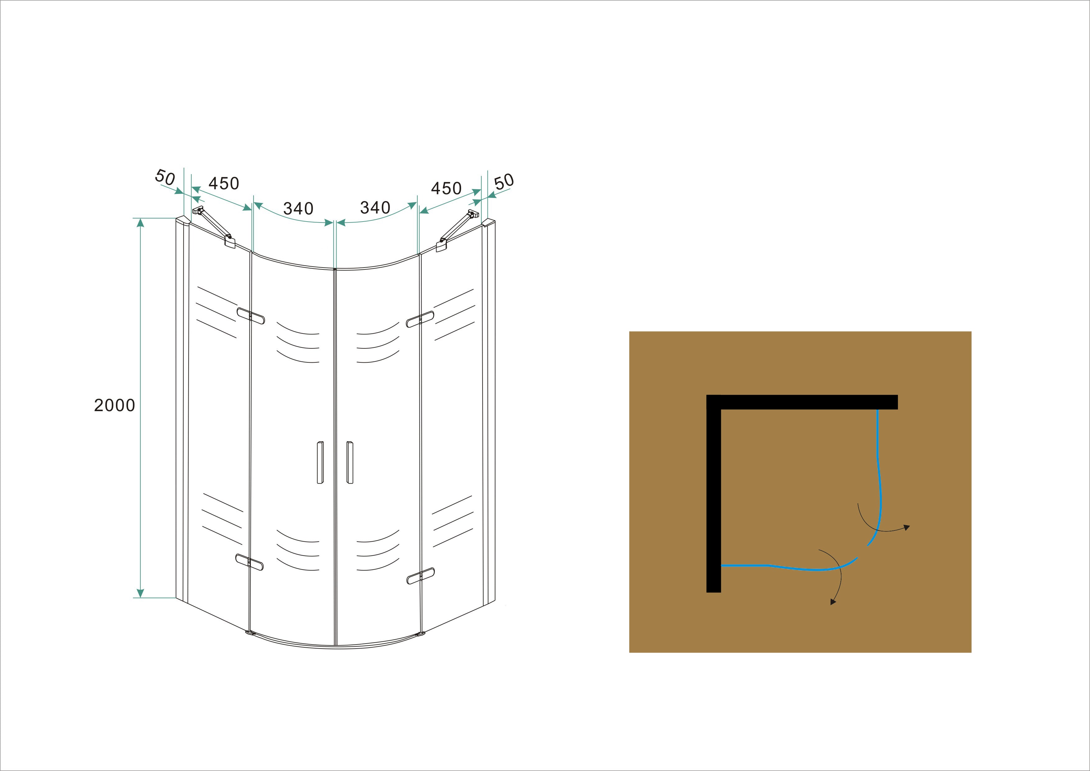 Maattekening Wiesbaden Double cabine kwartrond met 2 draaideuren 1000 x 1000 x 2000 x 8 mm nano helder glas/chroom