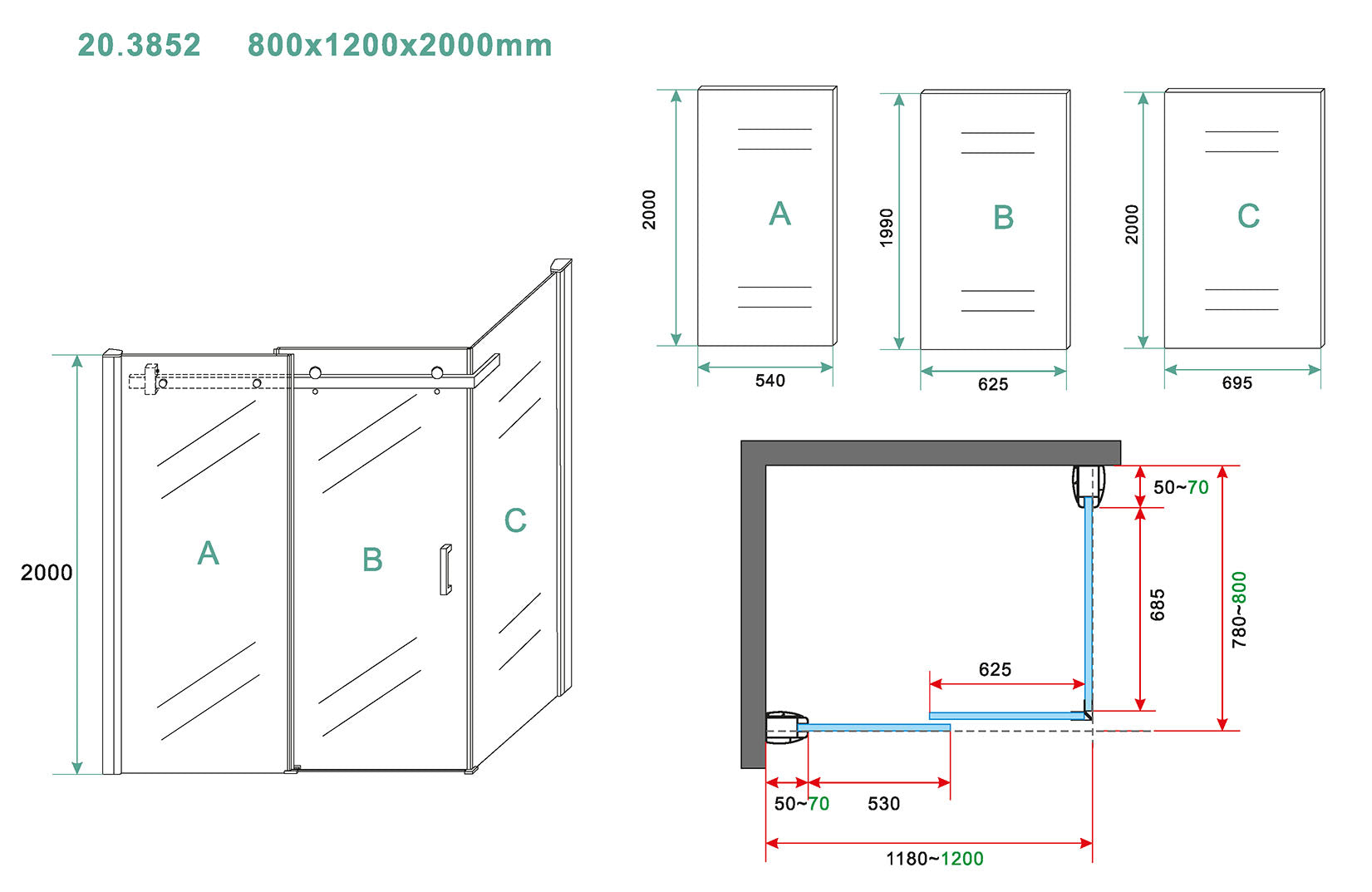 Maattekening Wiesbaden Pared cabine met 1 schuifdeur 1200 x 800 x 2000 x 8 mm nano helder glas/chroom