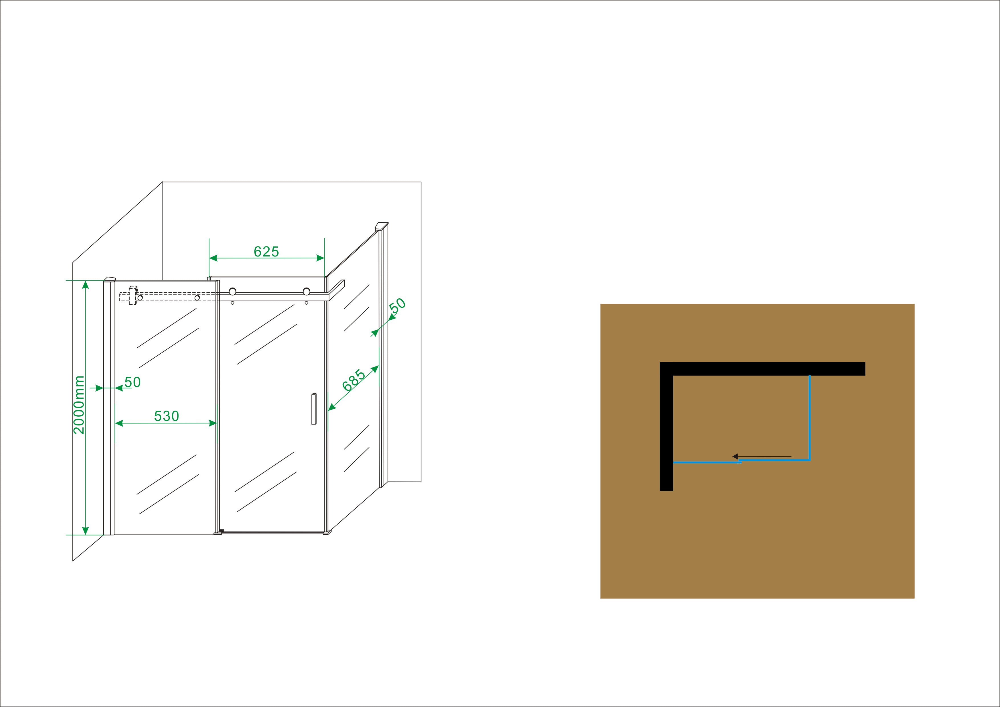 Maattekening Wiesbaden Pared cabine met 1 schuifdeur 1200 x 800 x 2000 x 8 mm nano helder glas/chroom