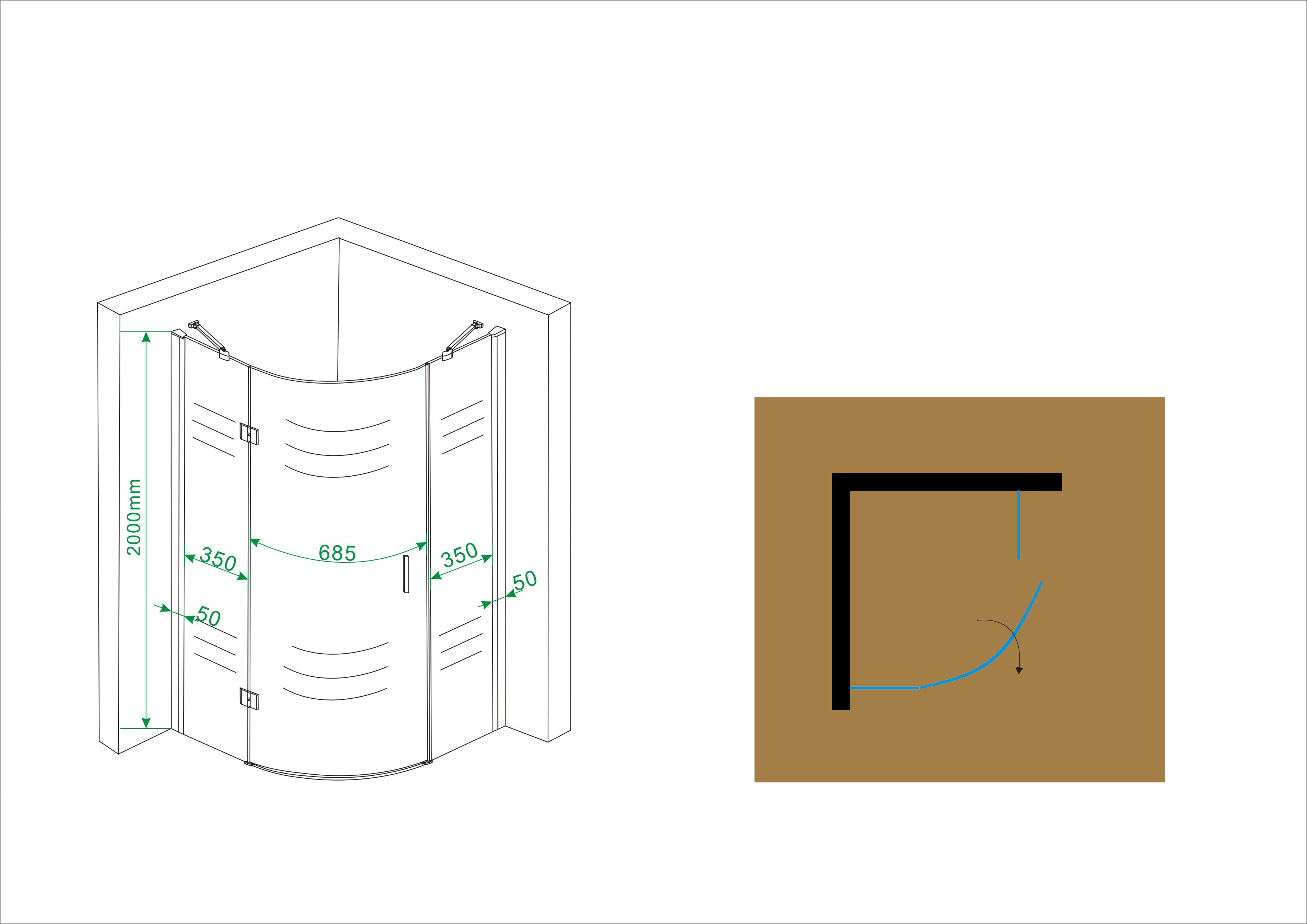 Maattekening Wiesbaden Curf cabine kwartrond met 1 draaideur links 900 x 900 x 2000 x 8 mm helder glas/chroom