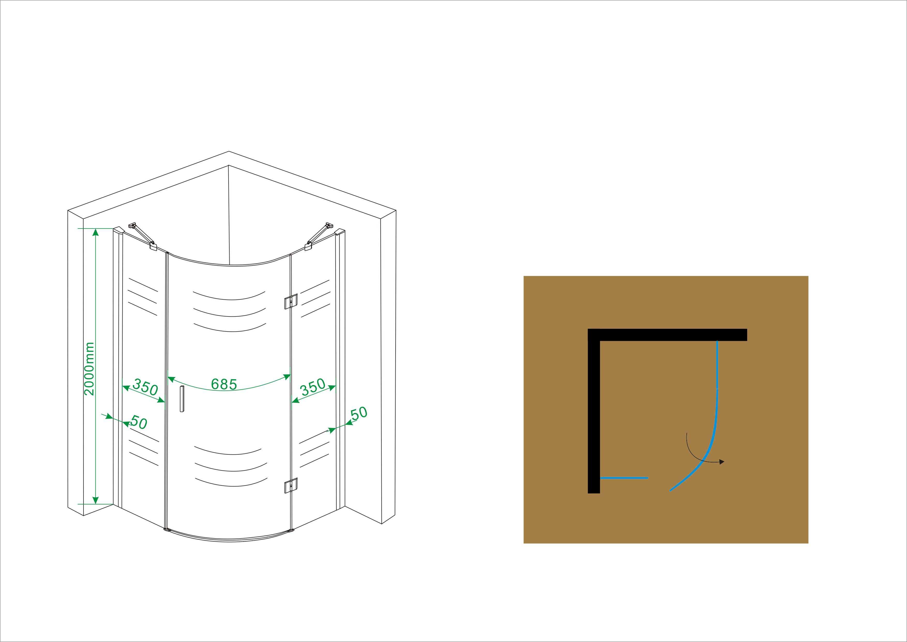 Maattekening Wiesbaden Curf cabine kwartrond met 1 draaideur rechts 900 x 900 x 2000 x 8 mm helder glas/chroom