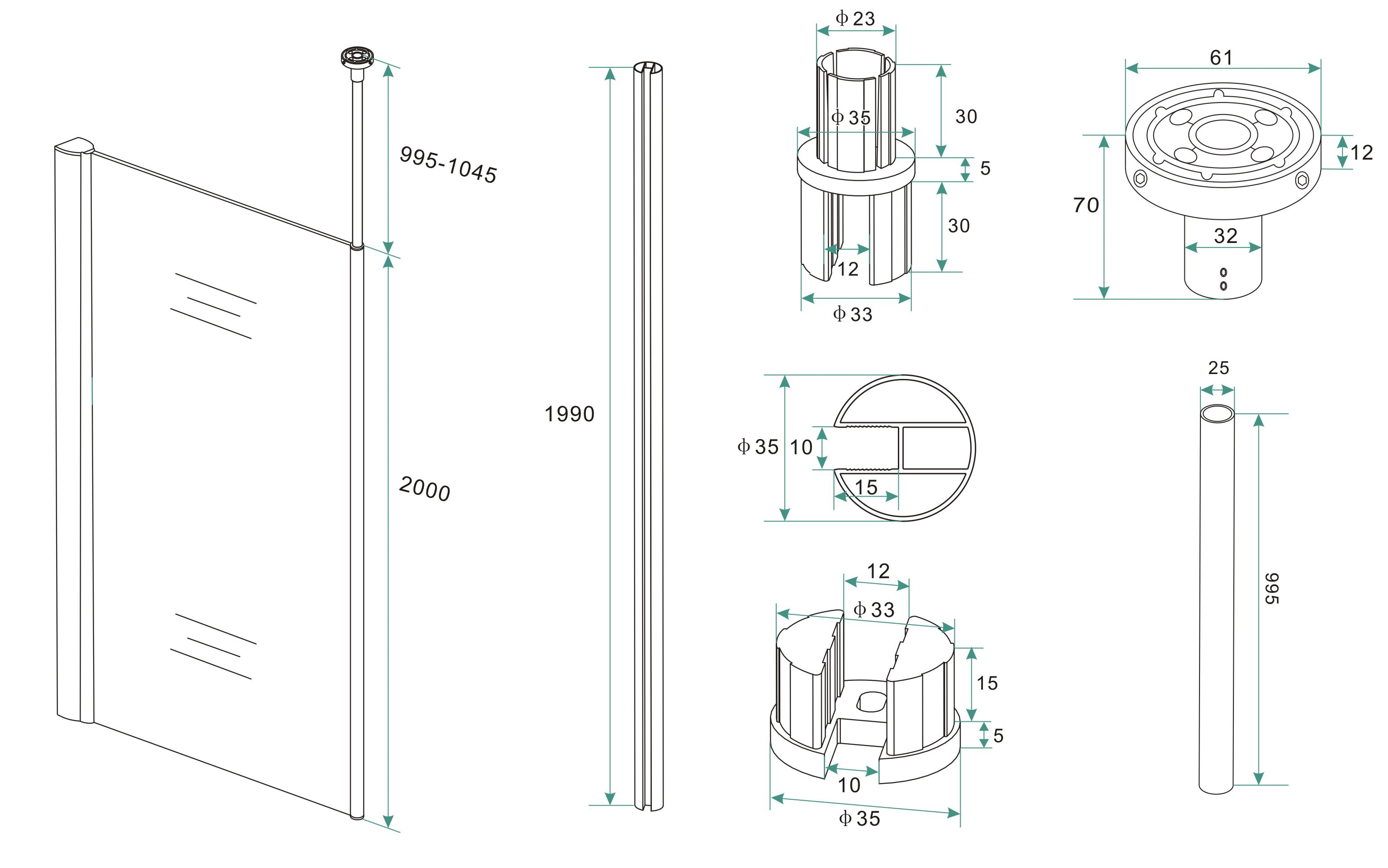 Maattekening Wiesbaden Set verticale plafond stabilisatiestang chroom