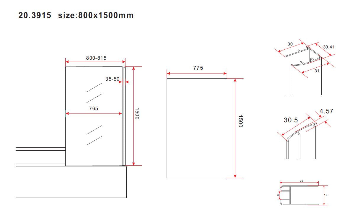 Maattekening Wiesbaden Tela badwand vast 800 x 1500 x 6 mm nano helder glas/chroom