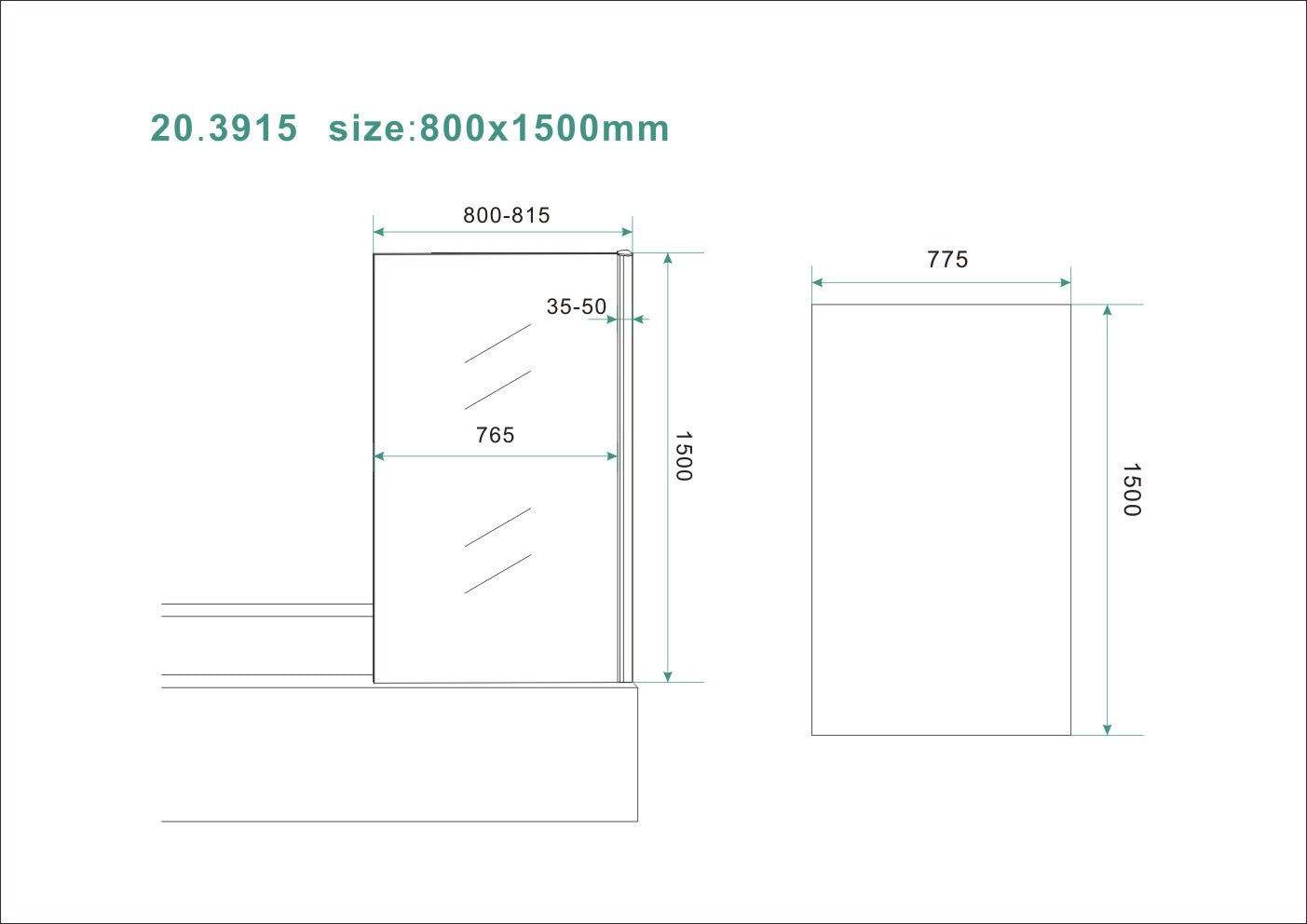 Maattekening Wiesbaden Tela badwand vast 800 x 1500 x 6 mm nano helder glas/chroom