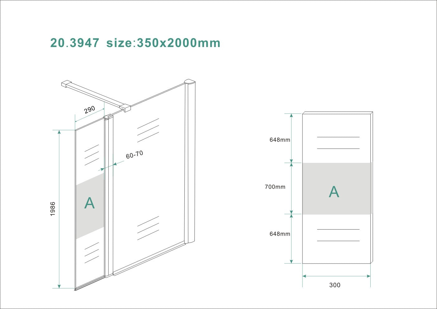 Comfort zijwand draaibaar rechts 350 x 2000 x 10 mm nano helder glas met melkglas middenband/chroom - maattekening