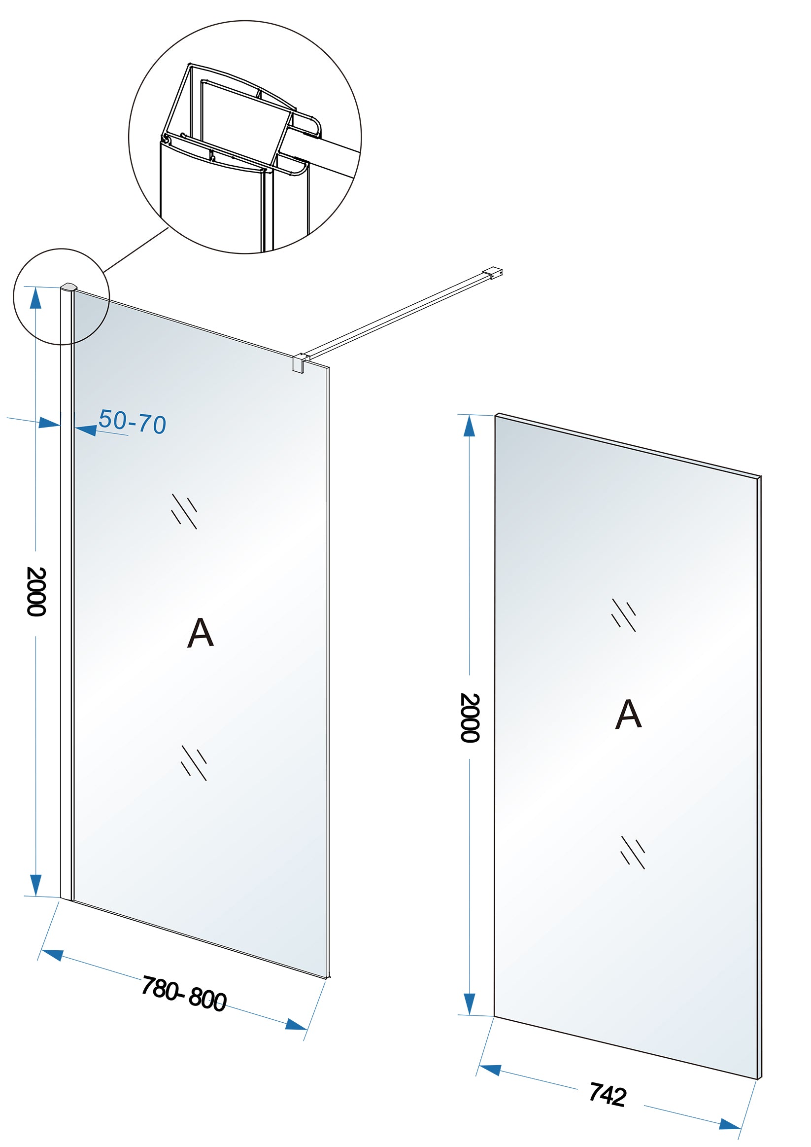 Maattekening Wiesbaden Comfort inloopdouche 800 x 2000 x 10 mm nano rookglas/chroom
