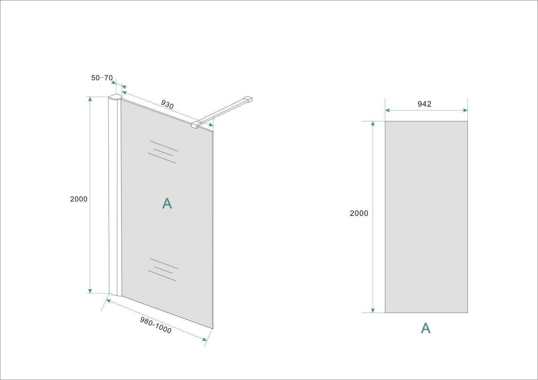 Maattekening Wiesbaden Comfort inloopdouche 1000 x 2000 x 10 mm nano rookglas/chroom