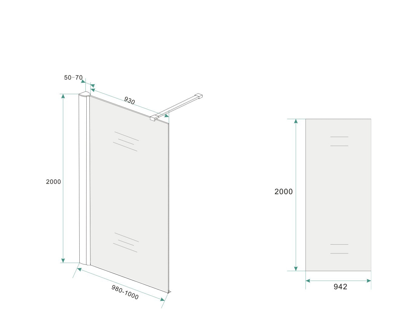 Maattekening Wiesbaden Comfort inloopdouche 1000 x 2000 x 10 mm nano melkglas/chroom