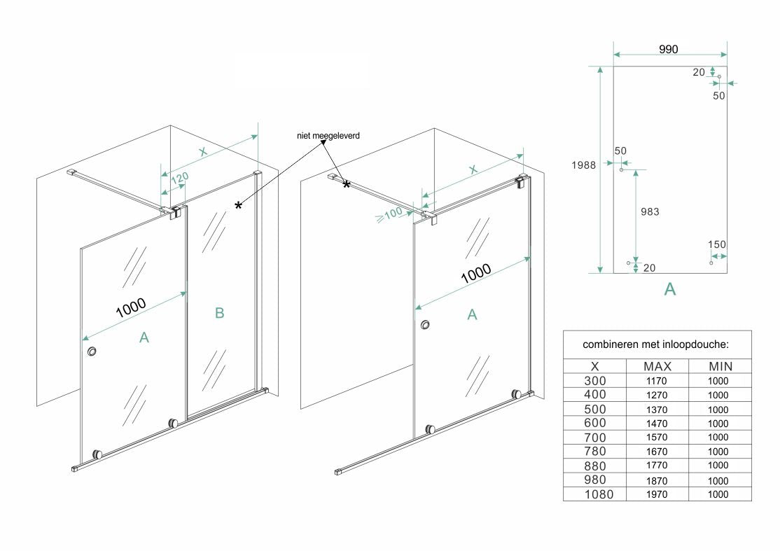 Maattekening Wiesbaden Rolso verleng inloopdouche 1000 x 2000 x 10 mm helder glas/chroom
