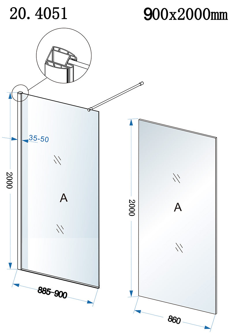 Maattekening Eco inloopdouche 900 x 2000 x 8 mm nano helder glas/chroom