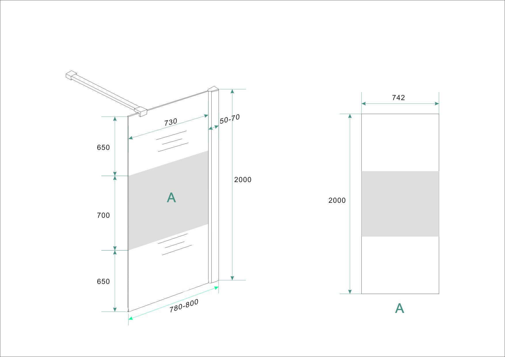 Maattekening Wiesbaden Comfort inloopdouche 800 x 2000 x 10 mm nano helder glas met melkglas middenband/chroom