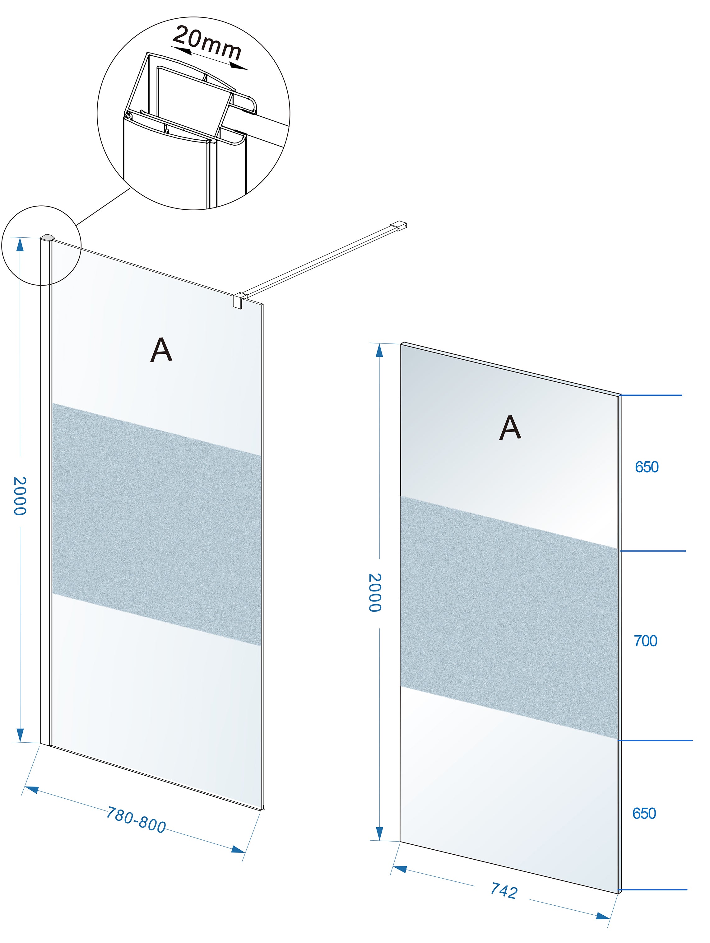Maattekening Wiesbaden Comfort inloopdouche 800 x 2000 x 10 mm nano helder glas met melkglas middenband/chroom