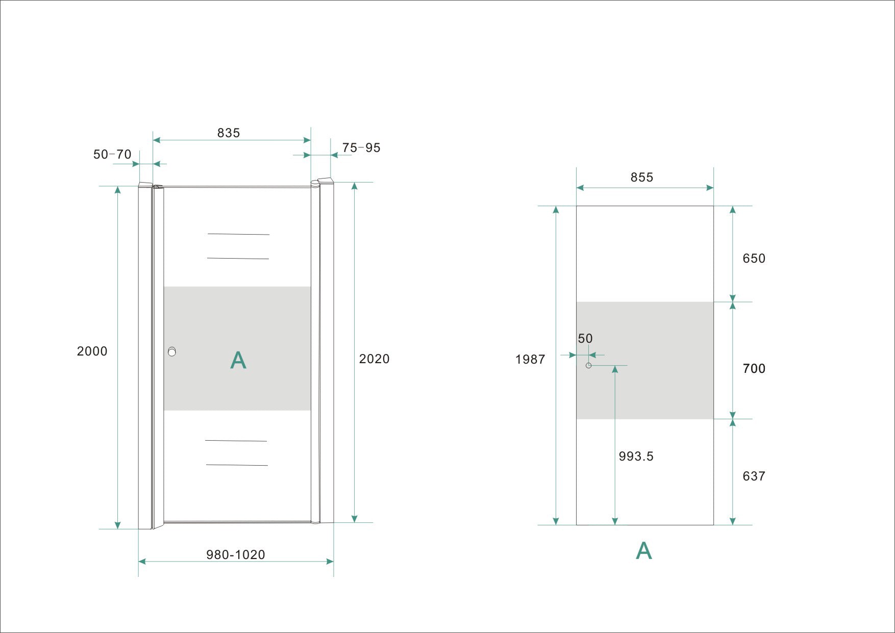 Partly nisdeur rechts 1000 x 2000 x 8 mm nano helder glas met melkglas middenband/chroom