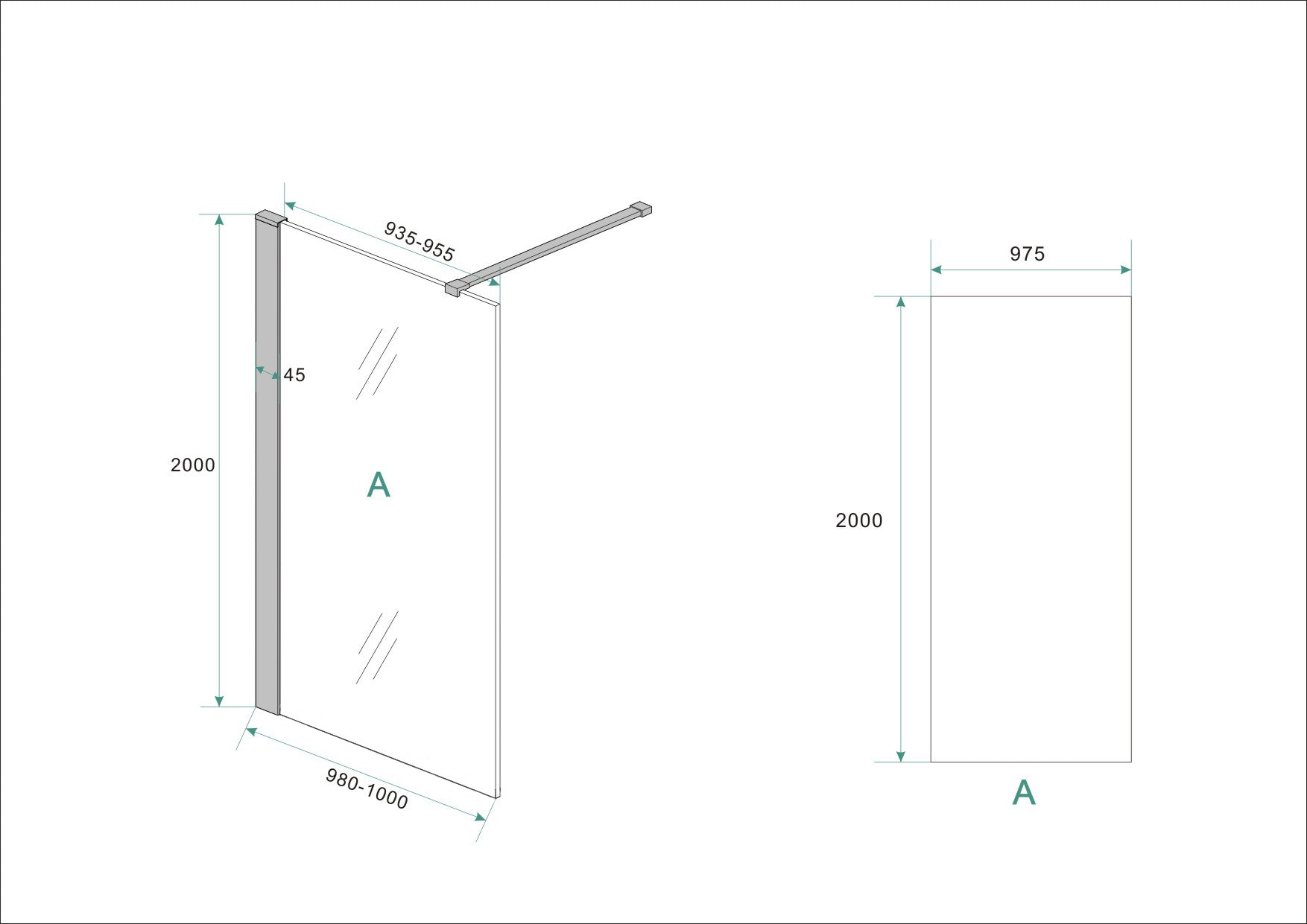 Maattekening Wiesbaden Graffic inloopdouche 1000 x 2000 x 10 mm nano safety glass folie helder glas/mat zwart