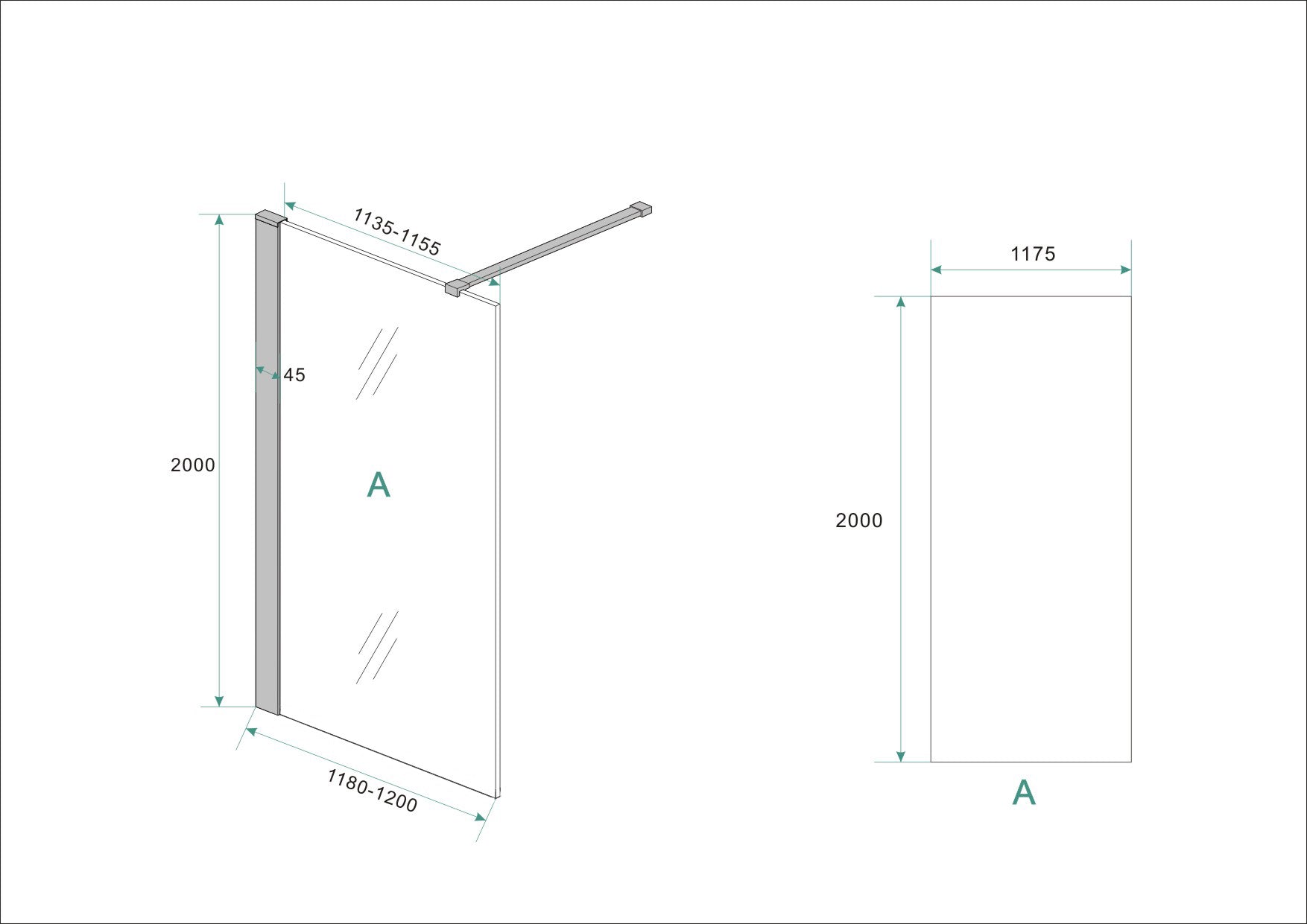 Maattekening Wiesbaden Graffic inloopdouche 1200 x 2000 x 10 mm nano safety glass folie helder glas/mat zwart