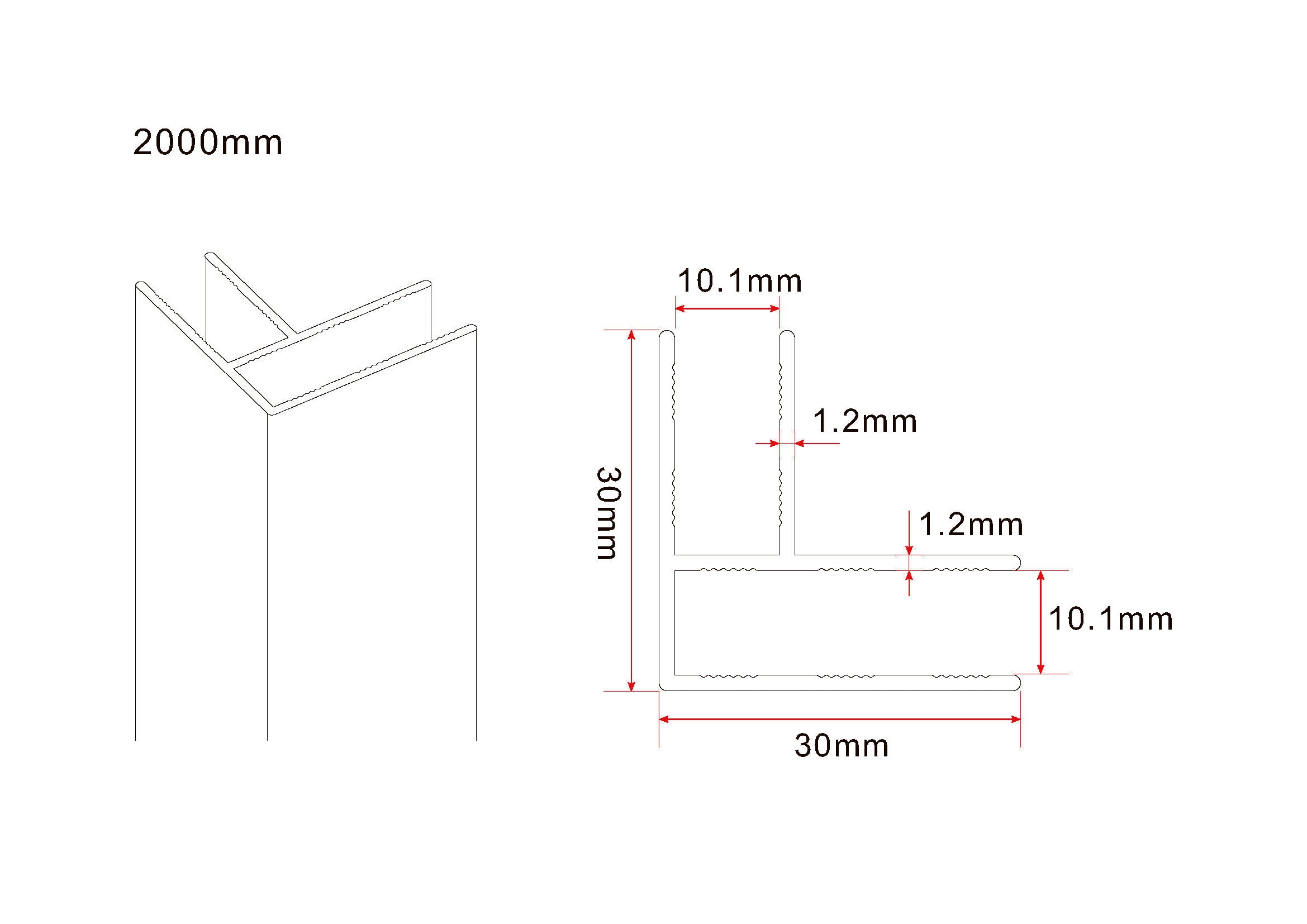 Maattekening Wiesbaden Slim hoekprofiel 2000 x 10 mm geborsteld staal