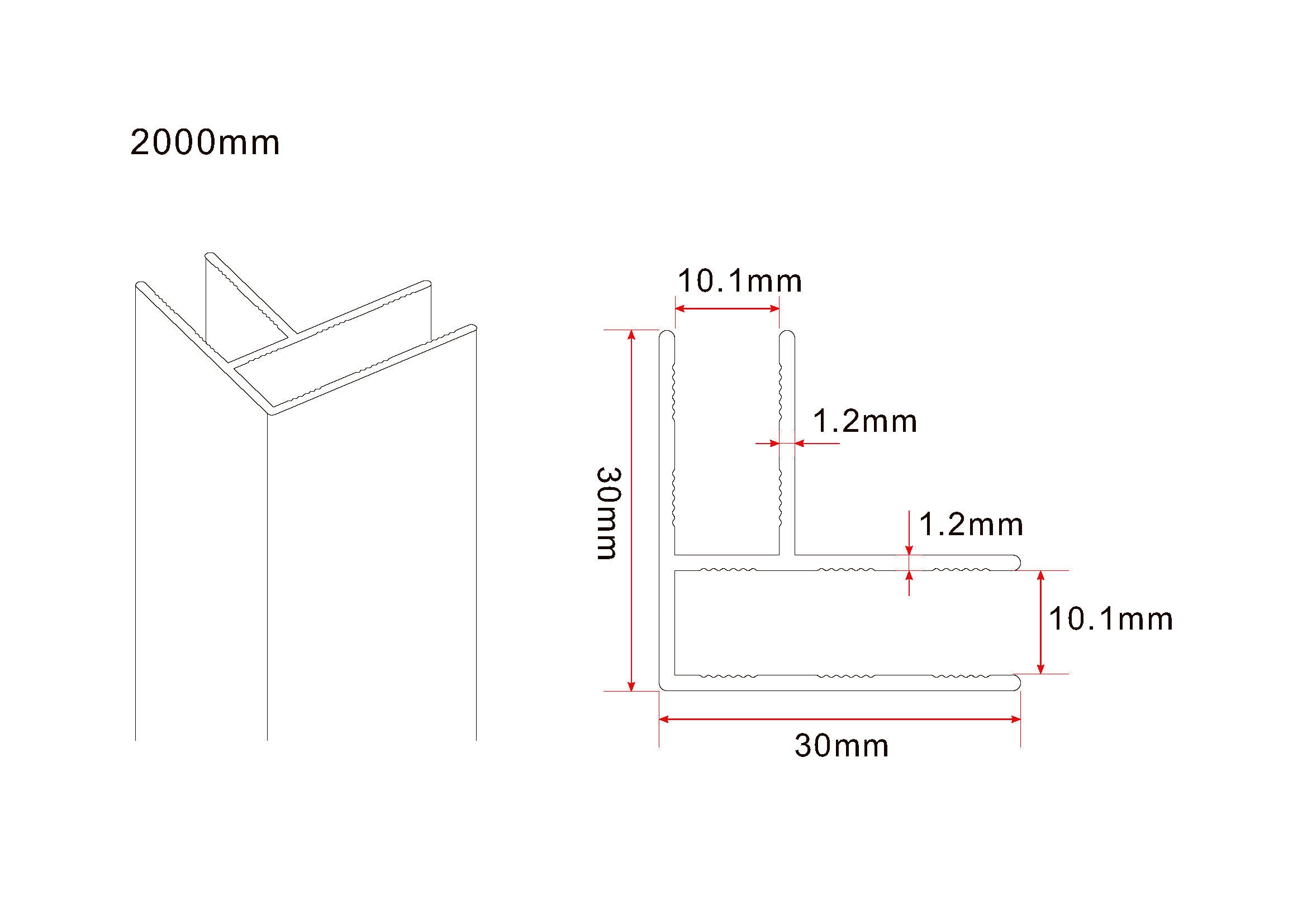 Maattekening Wiesbaden Slim hoekprofiel 2000 x 10 mm mat zwart