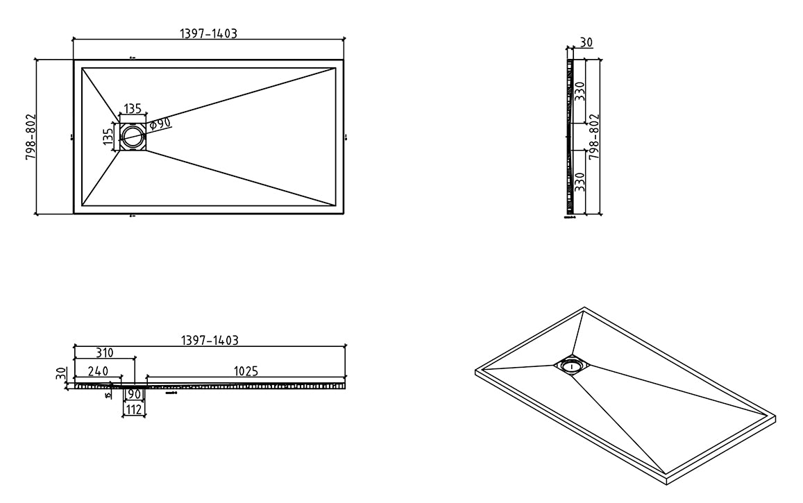 Maattekening Wiesbaden Stonea douchebak antislip composiet 800x1400x30 mm inkortbaar beige