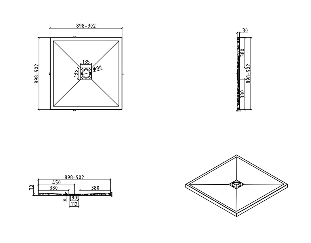 Maattekening Wiesbaden Stonea douchebak antislip composiet 900x900x30 mm inkortbaar beige